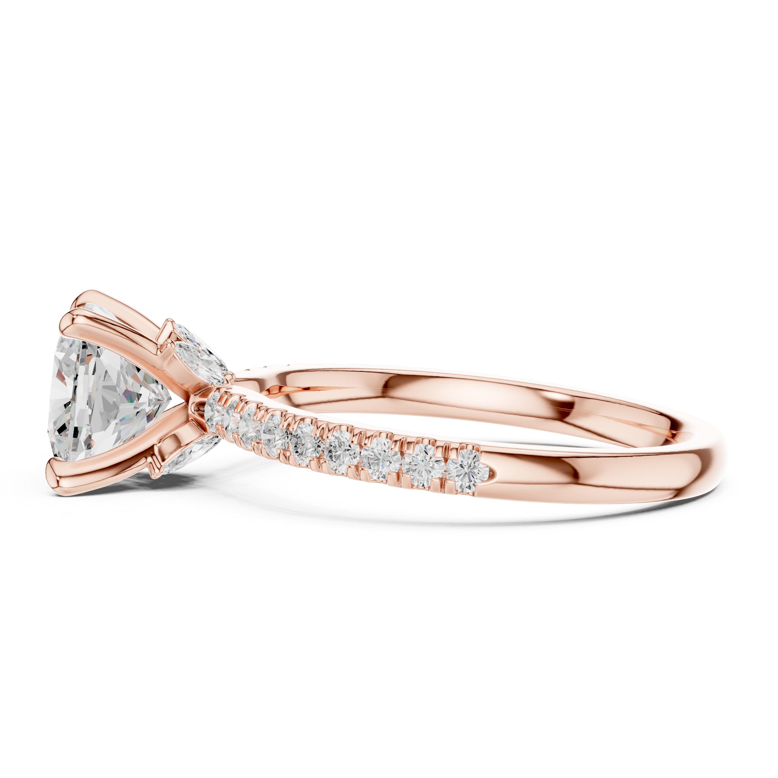 Cushion Cut Engagement Ring with Hidden Marquise Gallery and Pavé Diamond Band