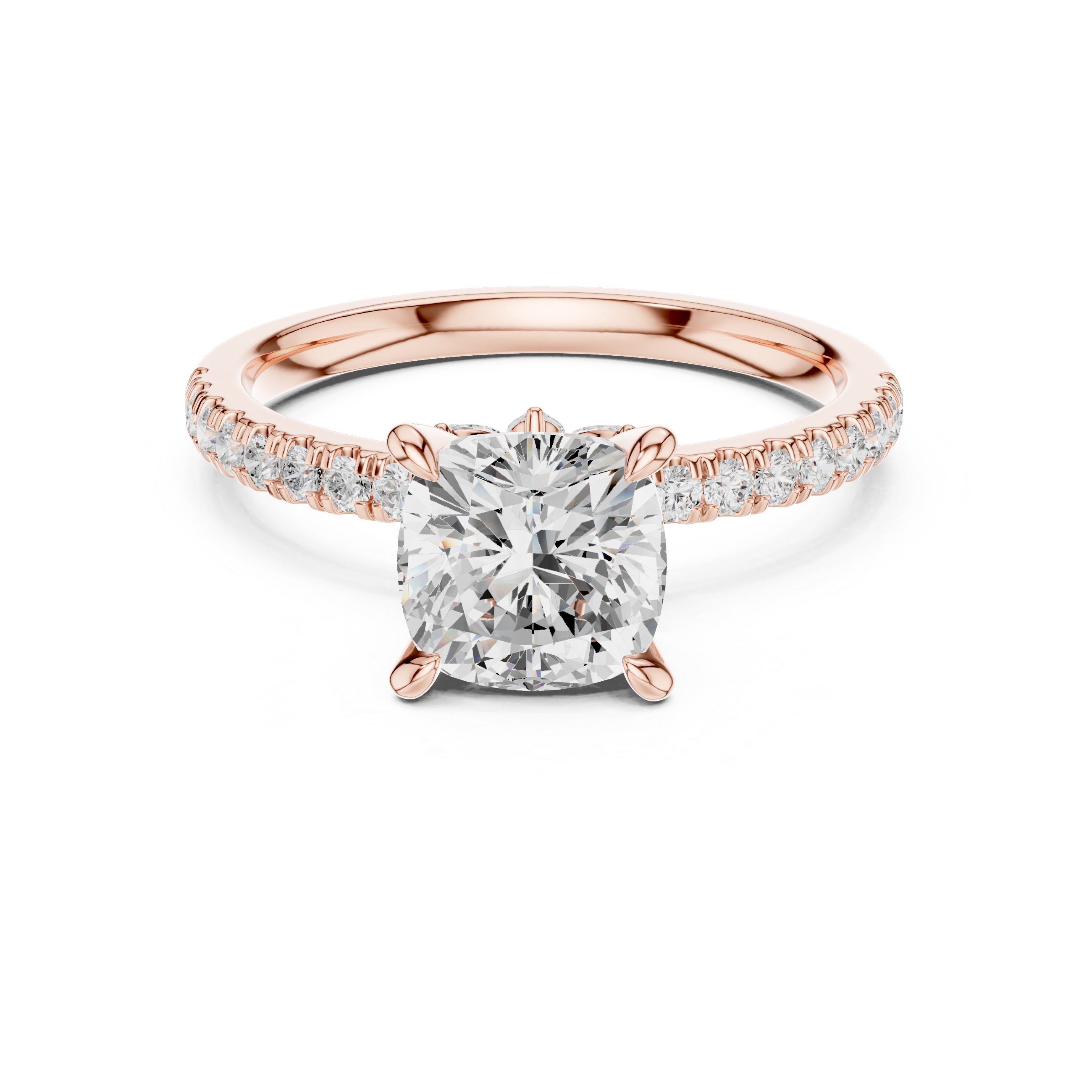 Cushion Cut Engagement Ring with Hidden Marquise Gallery and Pavé Diamond Band