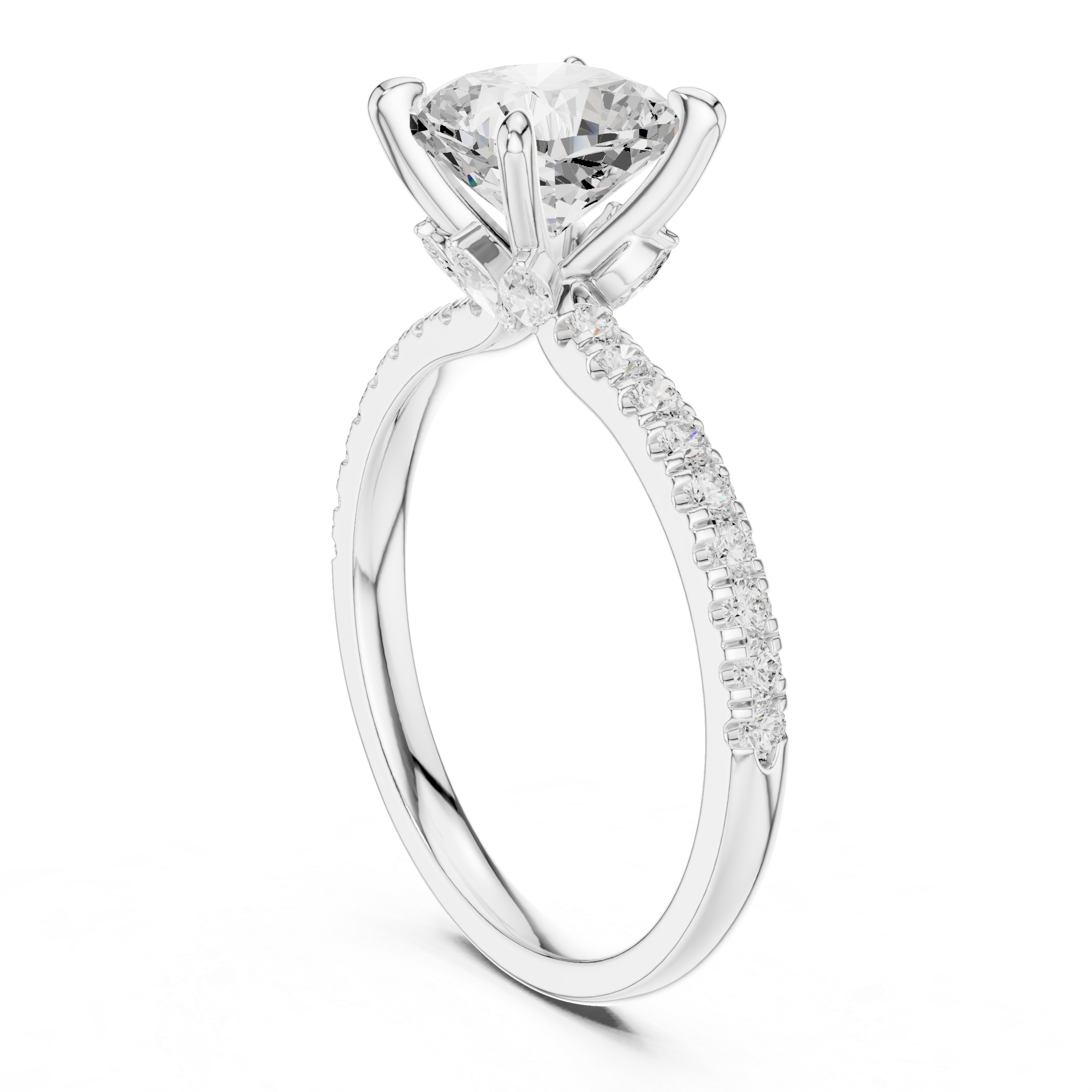 Cushion Cut Engagement Ring with Hidden Marquise Gallery and Pavé Diamond Band