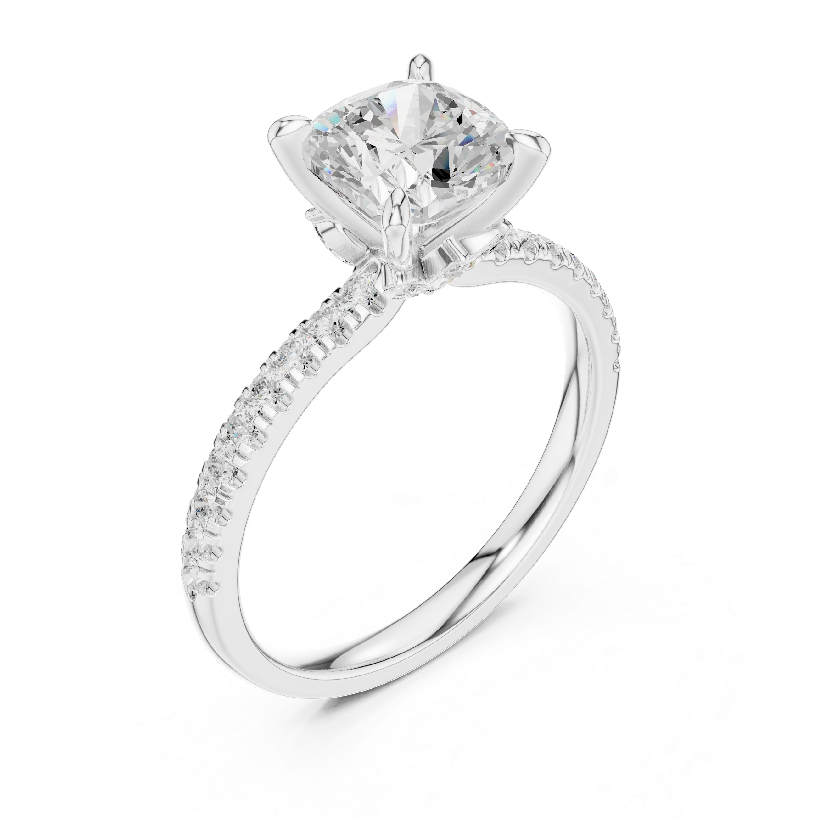 Cushion Cut Engagement Ring with Hidden Marquise Gallery and Pavé Diamond Band
