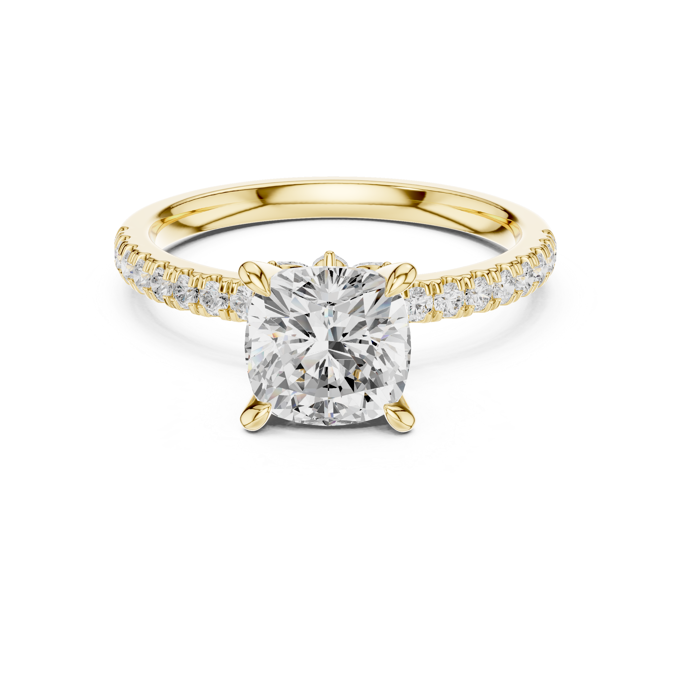 Cushion Cut Engagement Ring with Hidden Marquise Gallery and Pavé Diamond Band