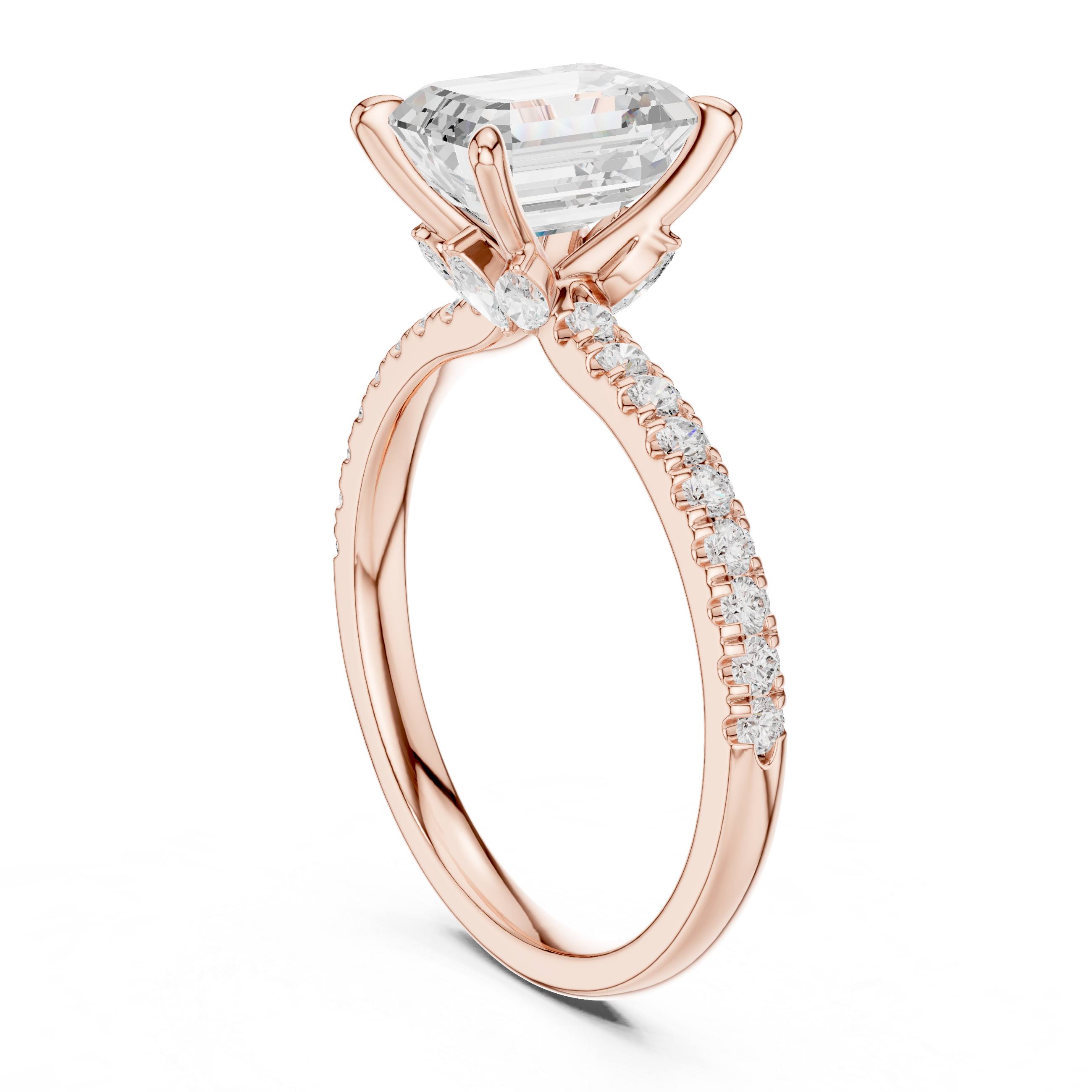 Emerald Cut Engagement Ring with Hidden Marquise Gallery and Pavé Diamond Band
