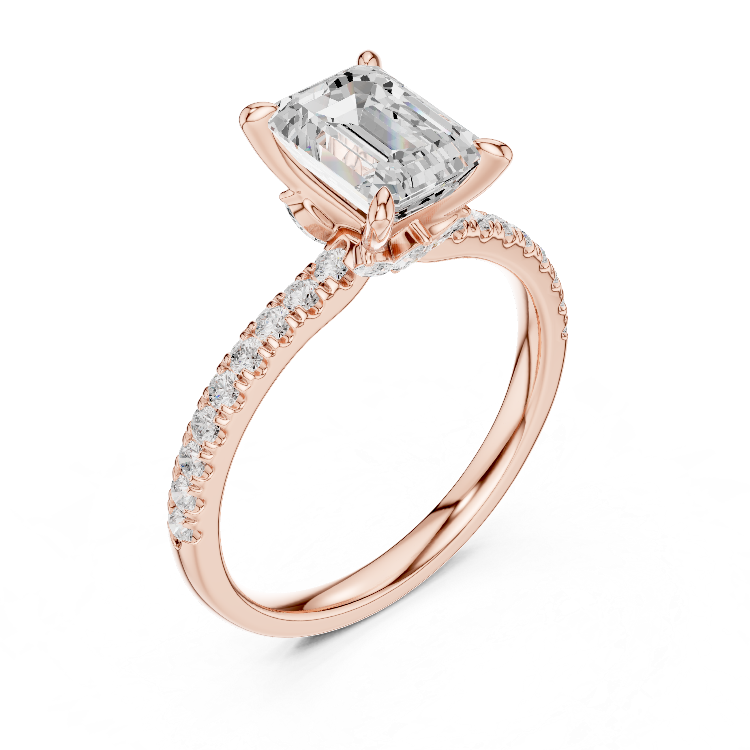Emerald Cut Engagement Ring with Hidden Marquise Gallery and Pavé Diamond Band
