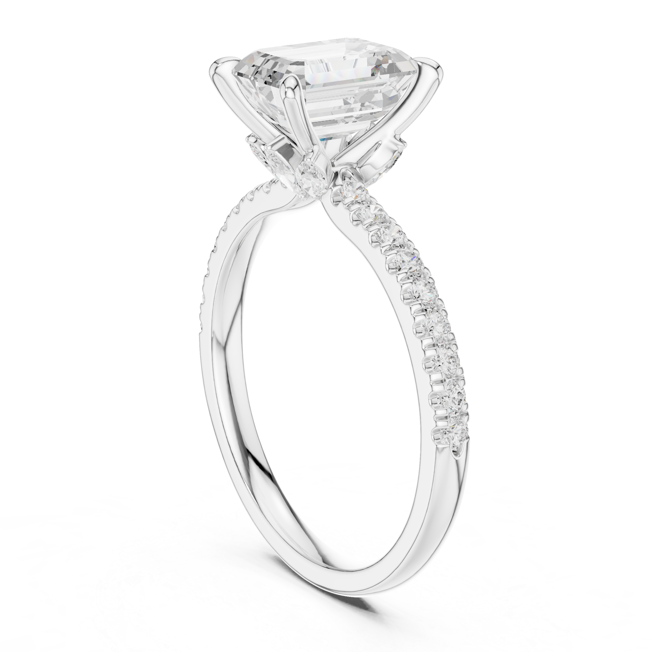 Emerald Cut Engagement Ring with Hidden Marquise Gallery and Pavé Diamond Band