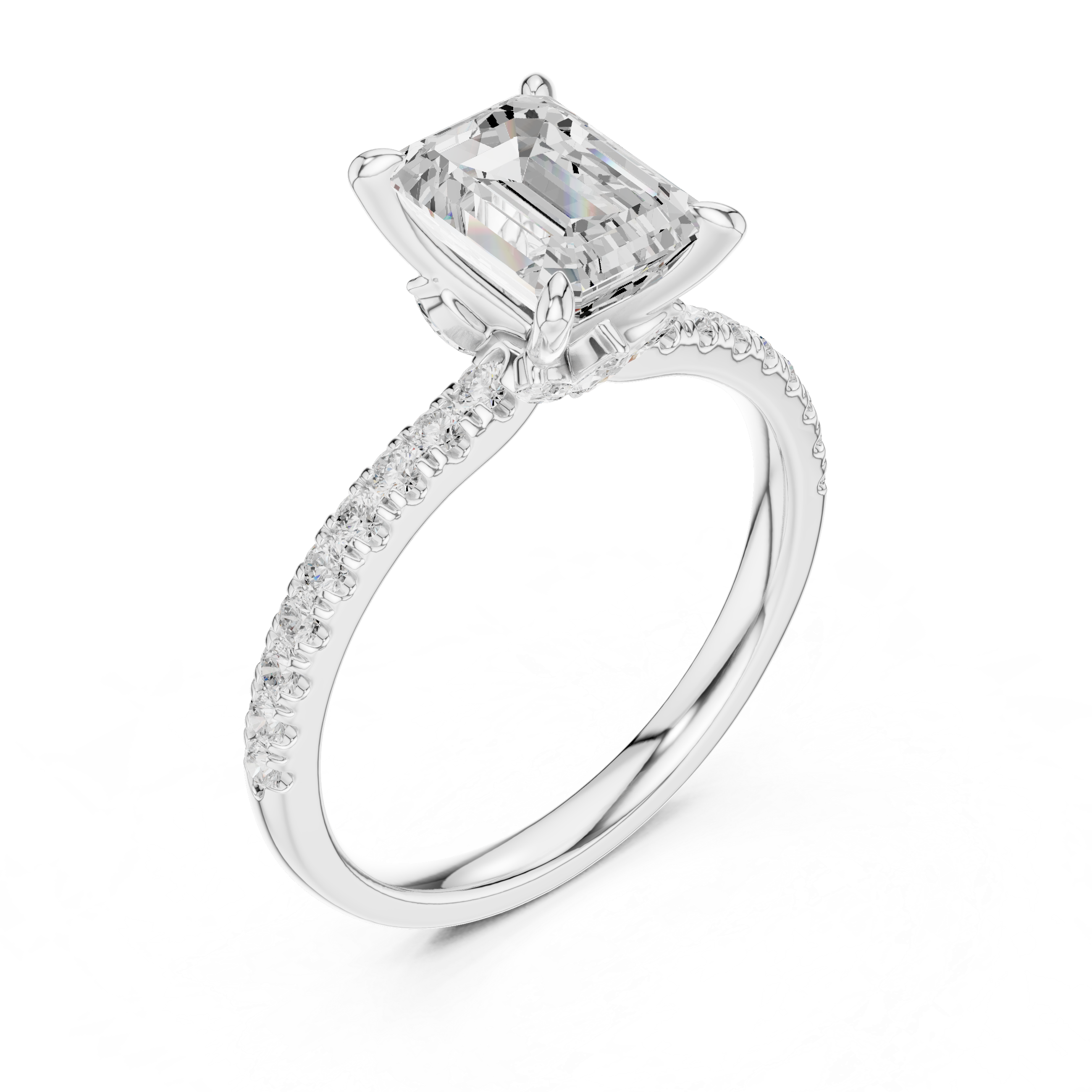 Emerald Cut Engagement Ring with Hidden Marquise Gallery and Pavé Diamond Band