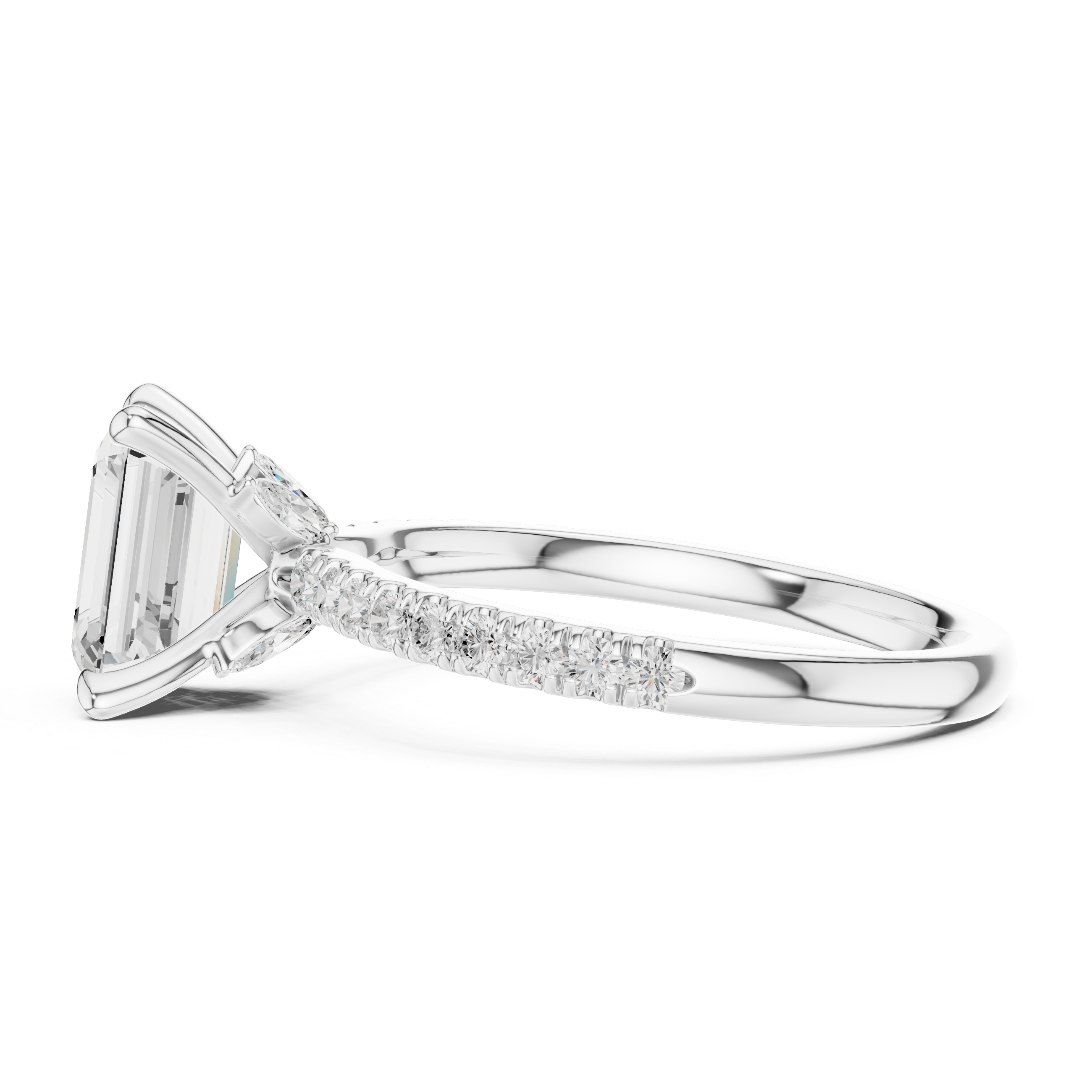 Emerald Cut Engagement Ring with Hidden Marquise Gallery and Pavé Diamond Band