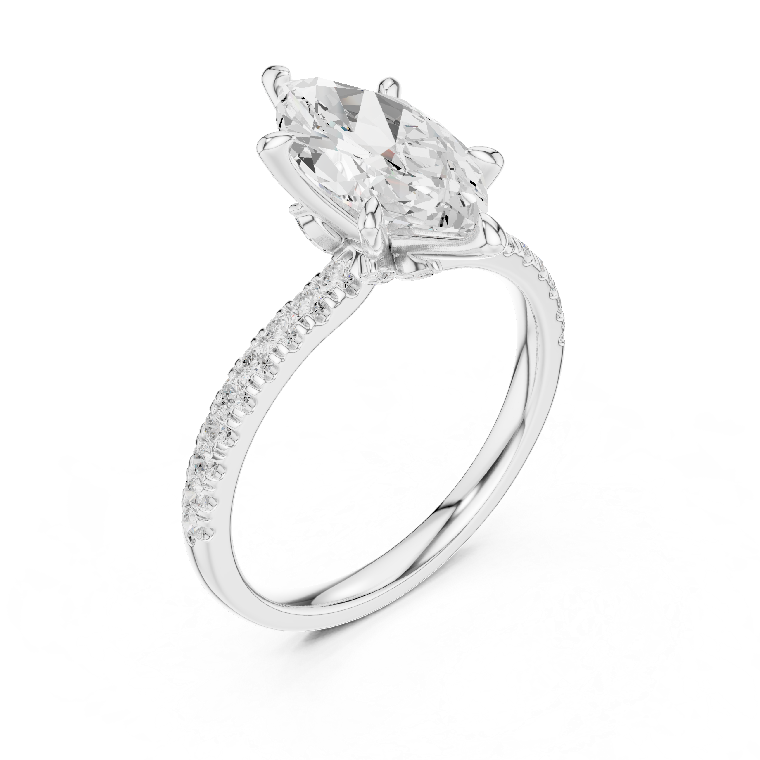 Marquise Cut Engagement Ring with Hidden Marquise Gallery and Pavé Diamond Band