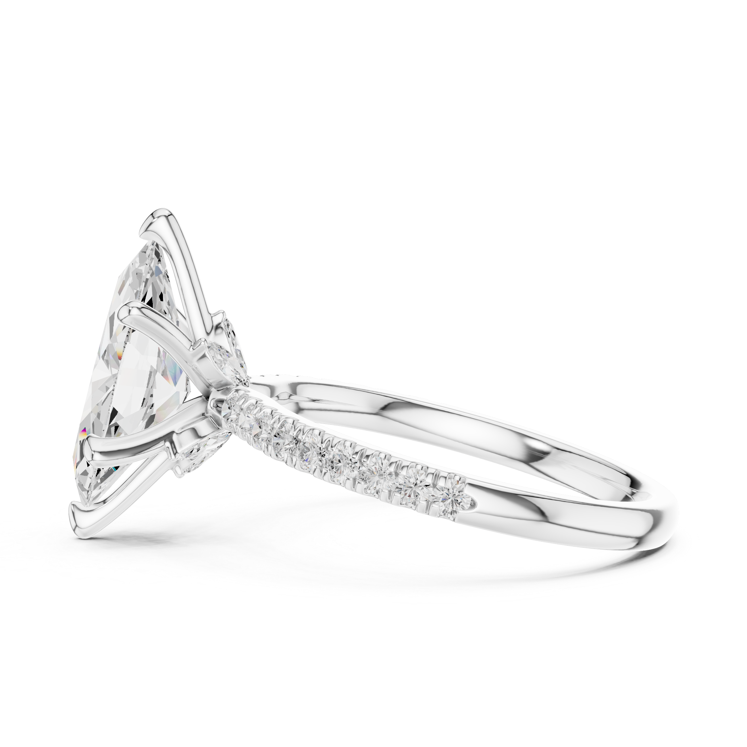 Marquise Cut Engagement Ring with Hidden Marquise Gallery and Pavé Diamond Band