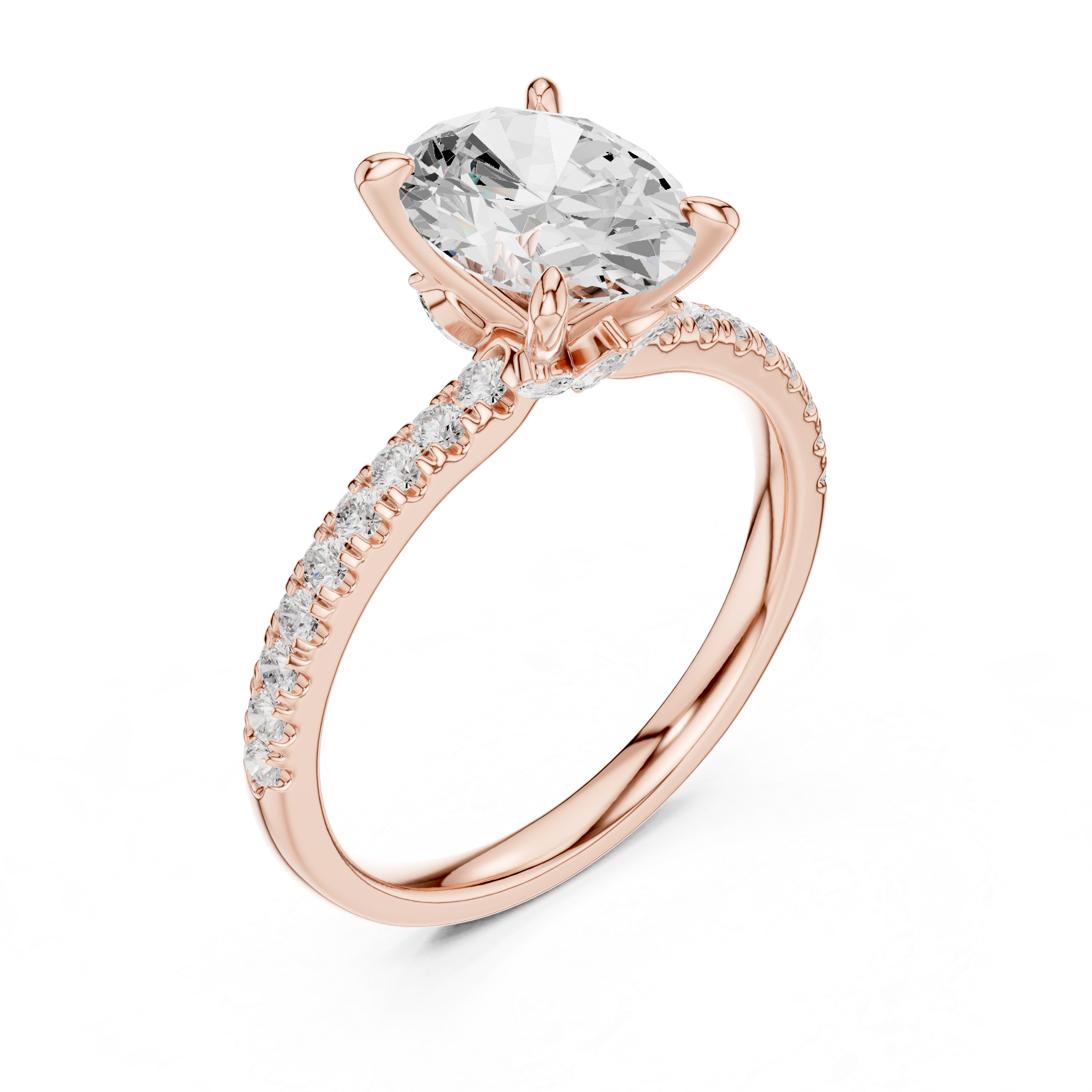 Oval Cut Engagement Ring with Marquise Hidden Gallery and Pavé Diamond Band