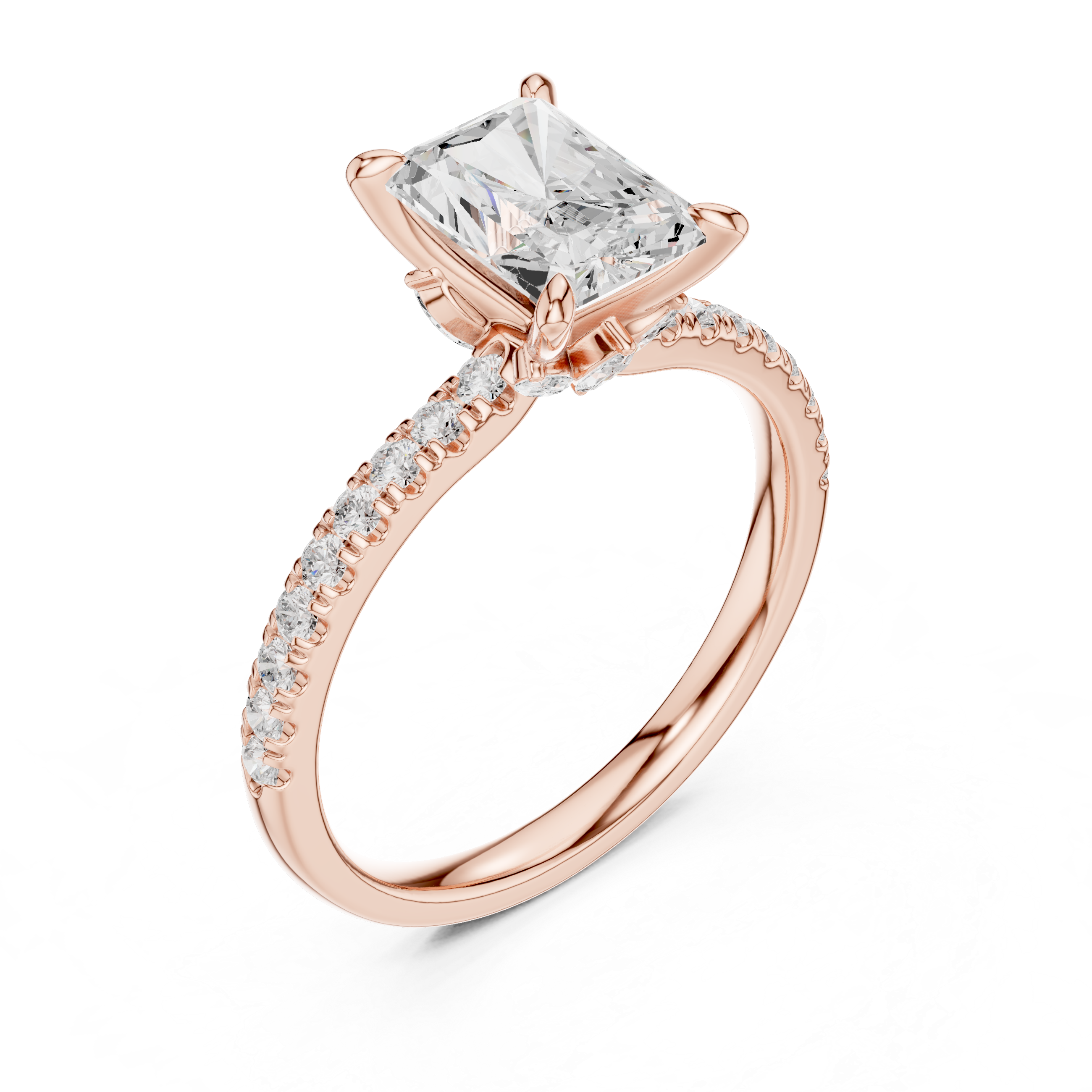 Radiant Cut Engagement Ring with Marquise Hidden Gallery and Pavé Diamond Band
