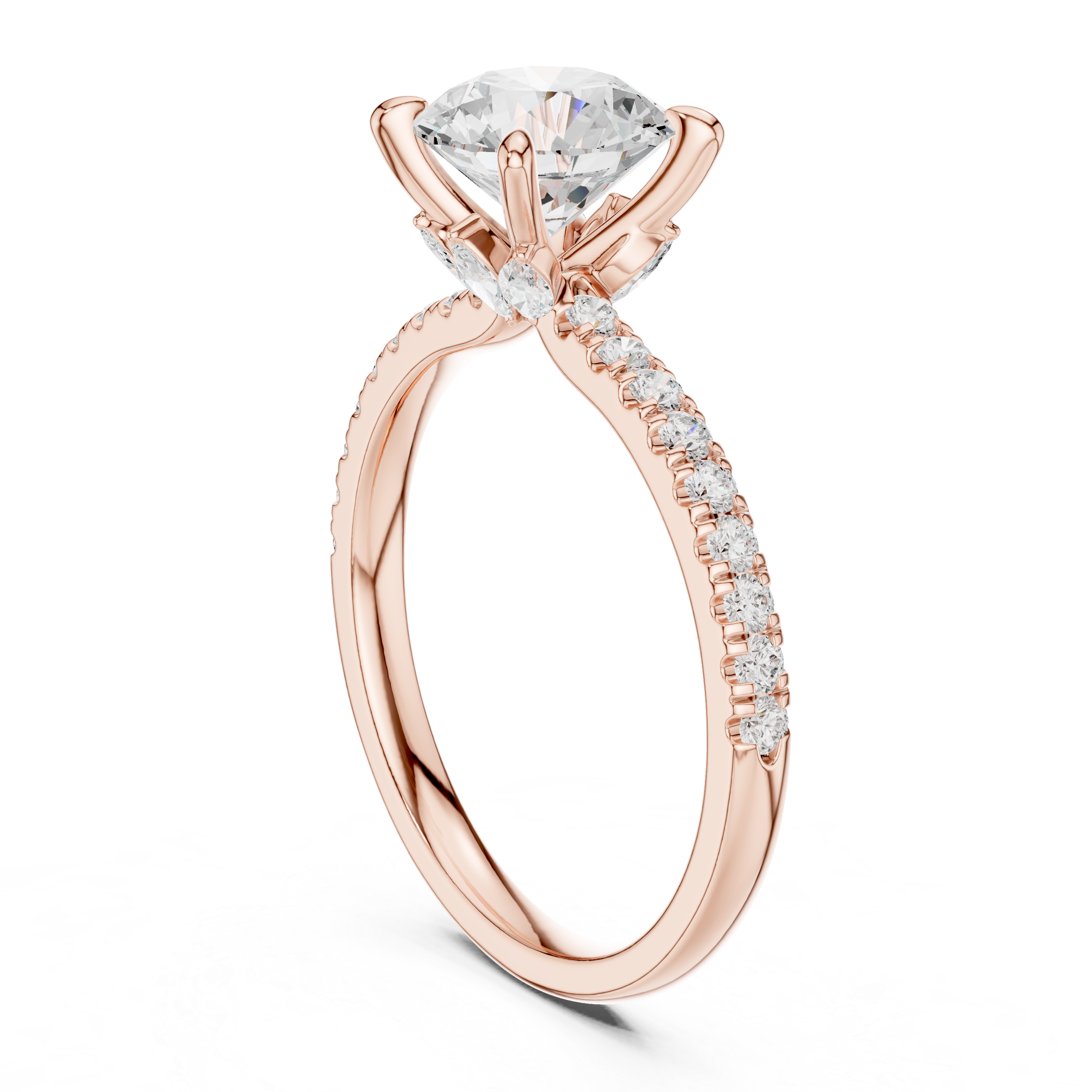 Round Cut Engagement Ring with Marquise Diamond Hidden Gallery and Pavé Band
