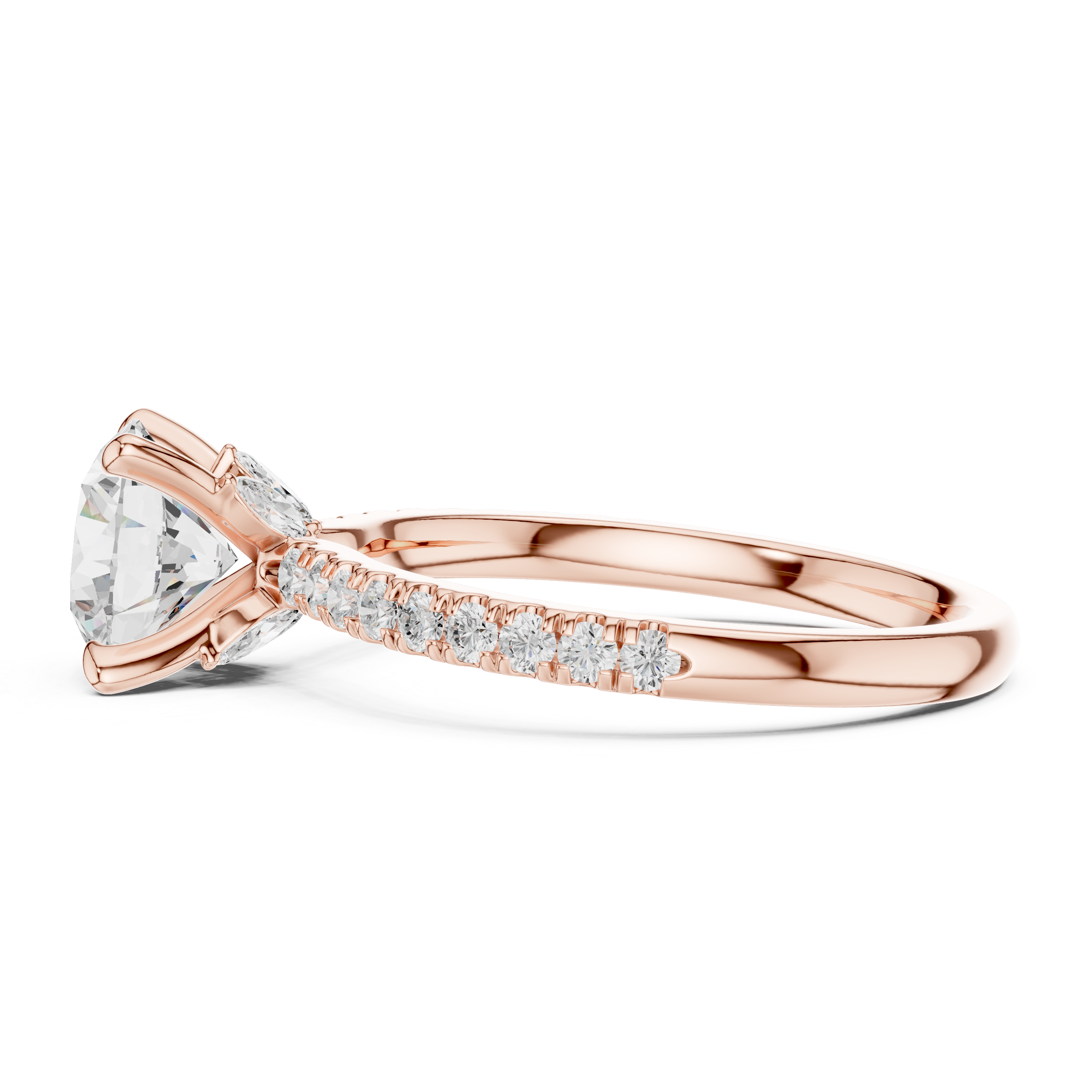 Round Cut Engagement Ring with Marquise Diamond Hidden Gallery and Pavé Band