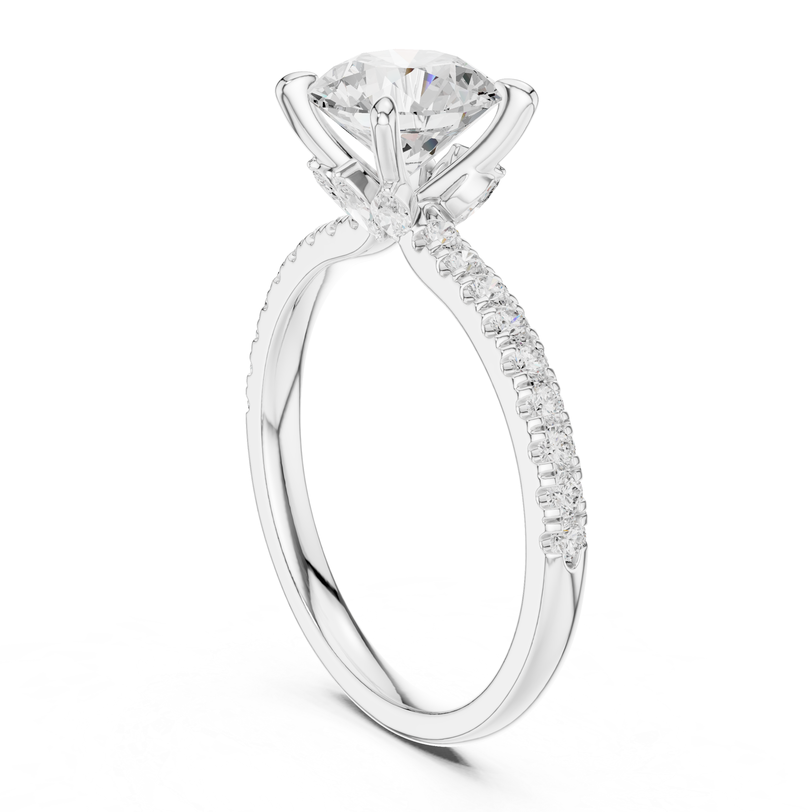 Round Cut Engagement Ring with Marquise Diamond Hidden Gallery and Pavé Band