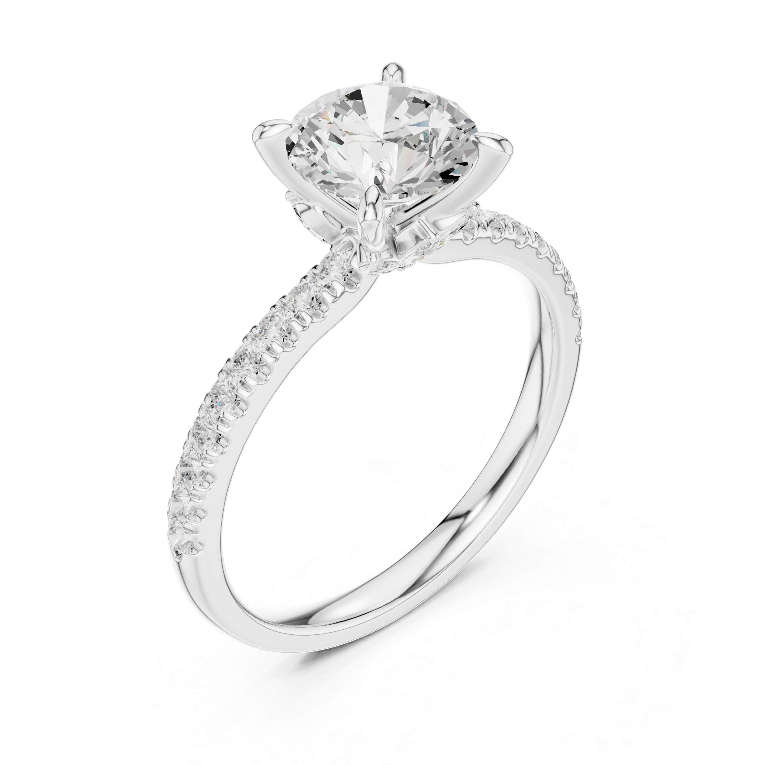 Round Cut Engagement Ring with Marquise Diamond Hidden Gallery and Pavé Band
