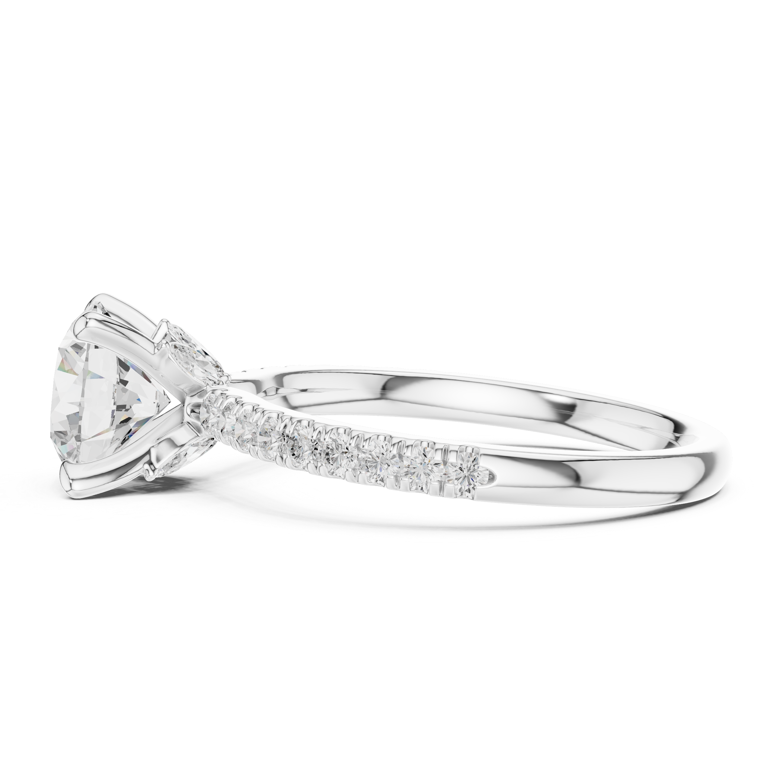 Round Cut Engagement Ring with Marquise Diamond Hidden Gallery and Pavé Band
