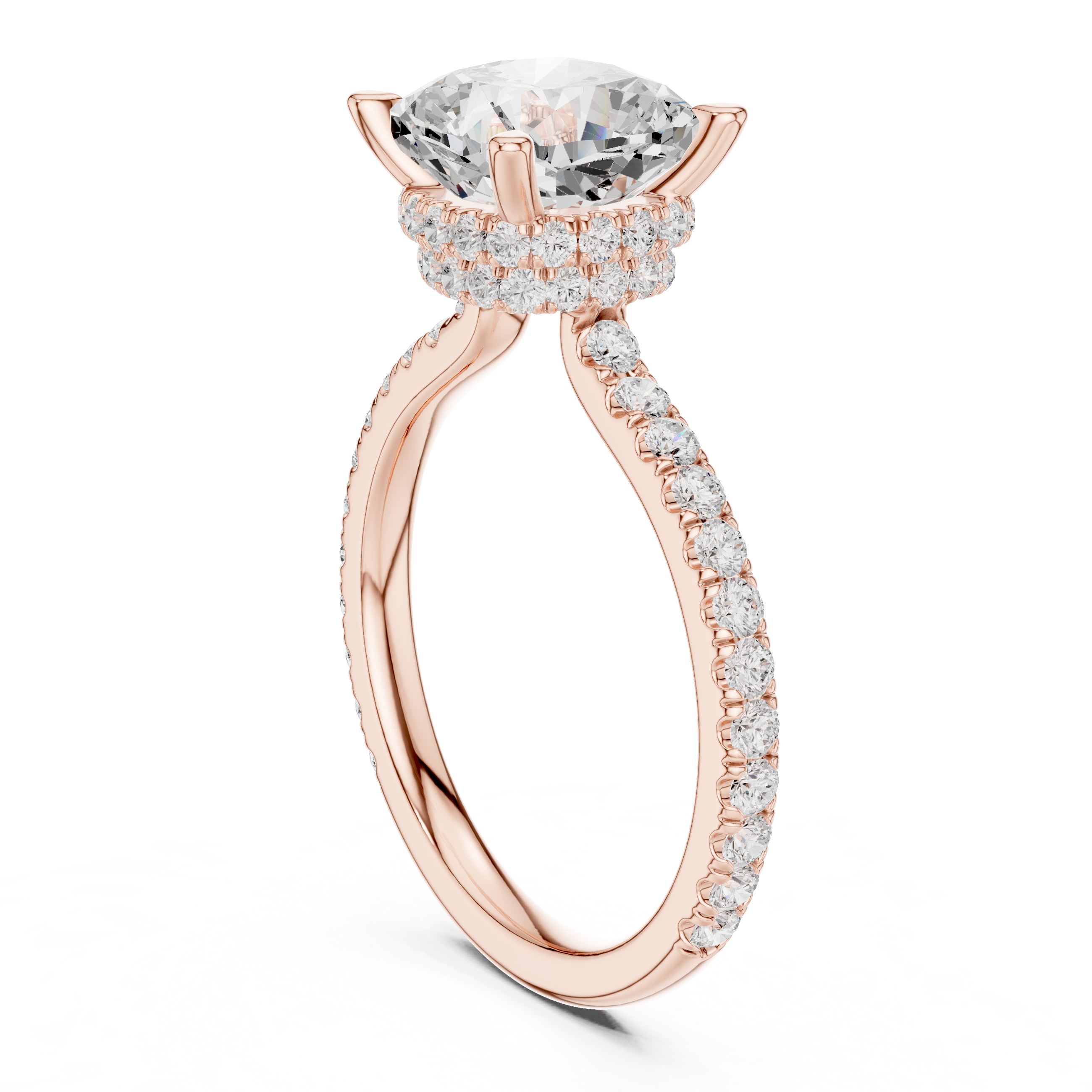 Cushion Cut Hidden Halo Engagement Ring with Pavé Diamond Band