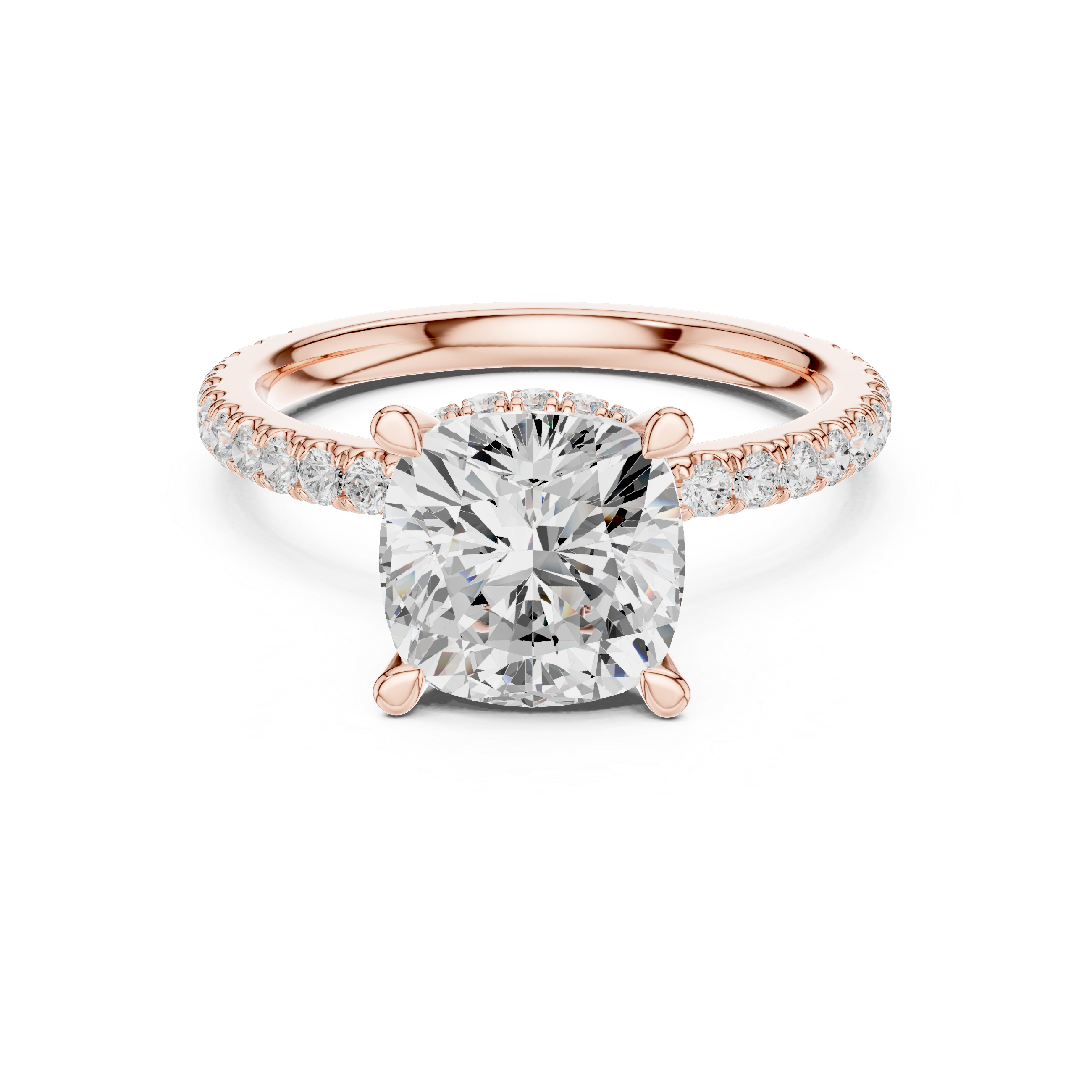 Cushion Cut Hidden Halo Engagement Ring with Pavé Diamond Band