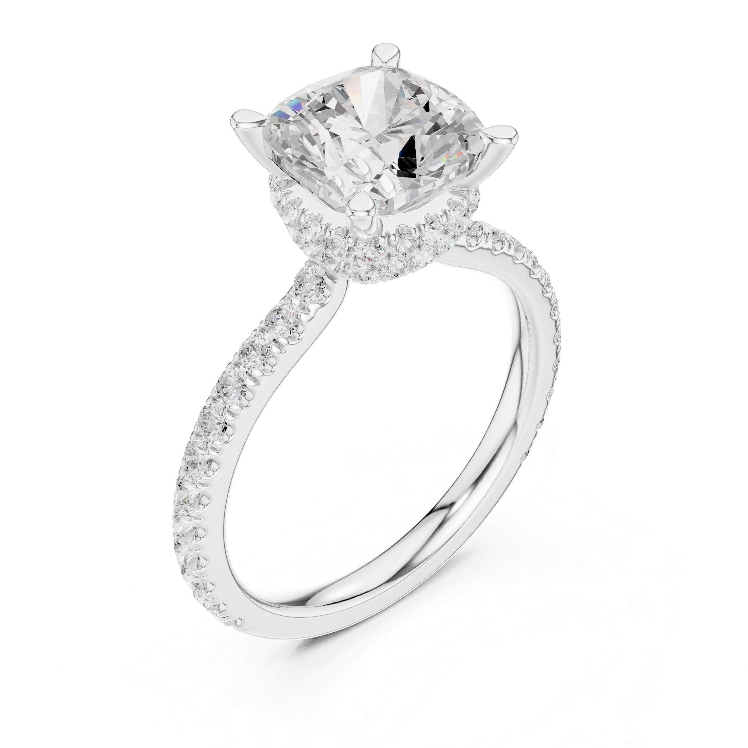 Cushion Cut Hidden Halo Engagement Ring with Pavé Diamond Band