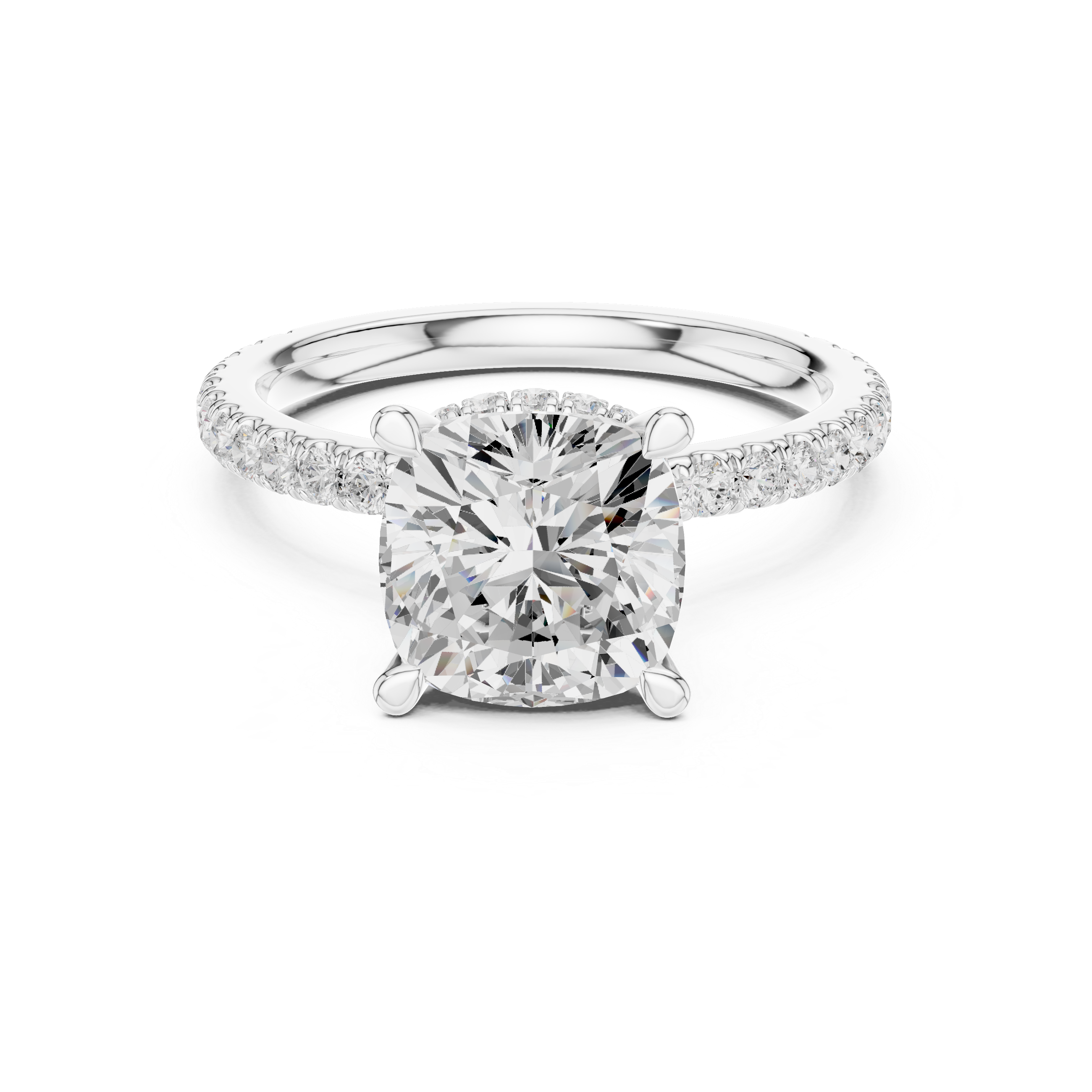 Cushion Cut Hidden Halo Engagement Ring with Pavé Diamond Band