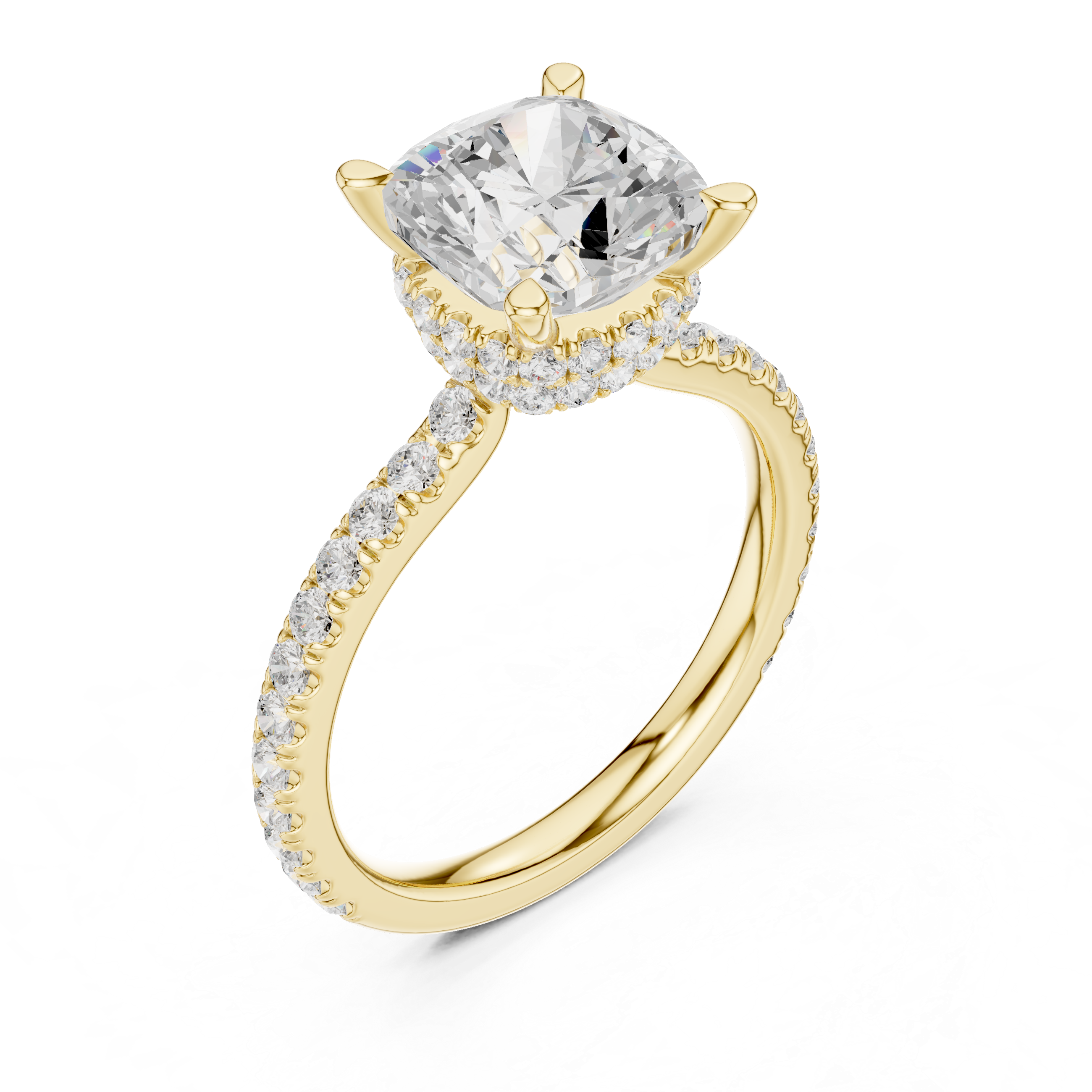 Cushion Cut Hidden Halo Engagement Ring with Pavé Diamond Band