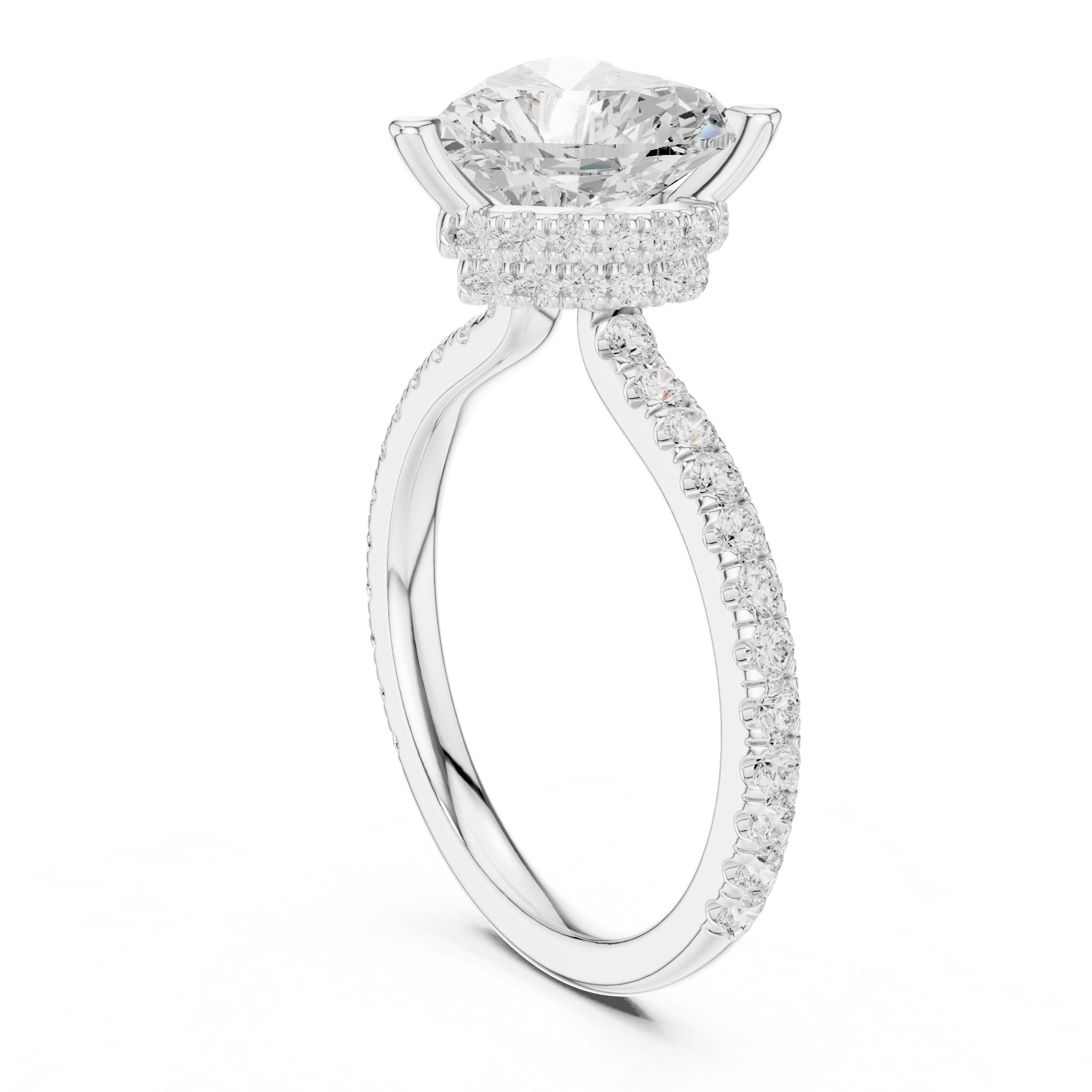 Heart Cut Hidden Halo Engagement Ring with Pavé Diamond Band