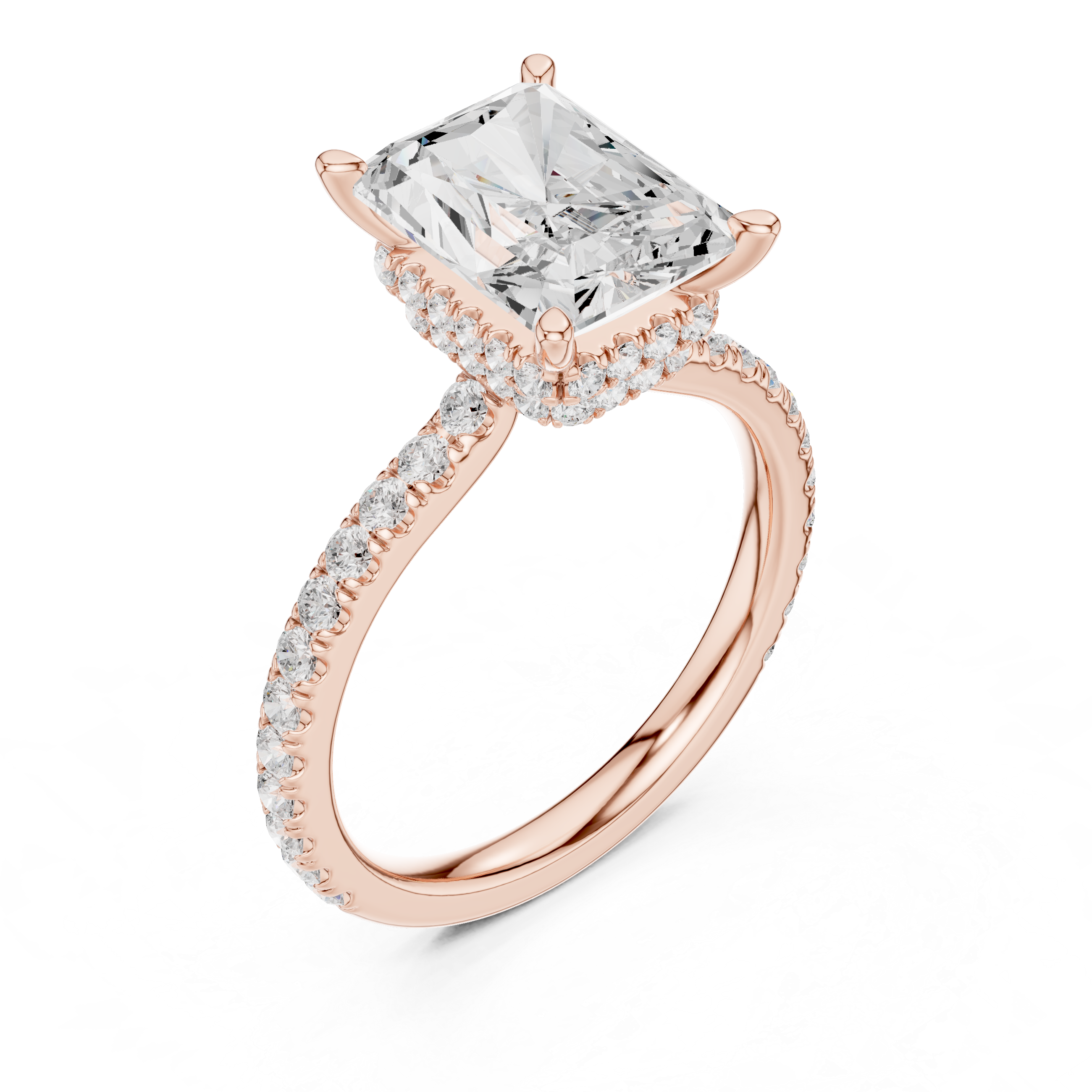 Radiant Cut Hidden Halo Engagement Ring with Pavé Diamond Band