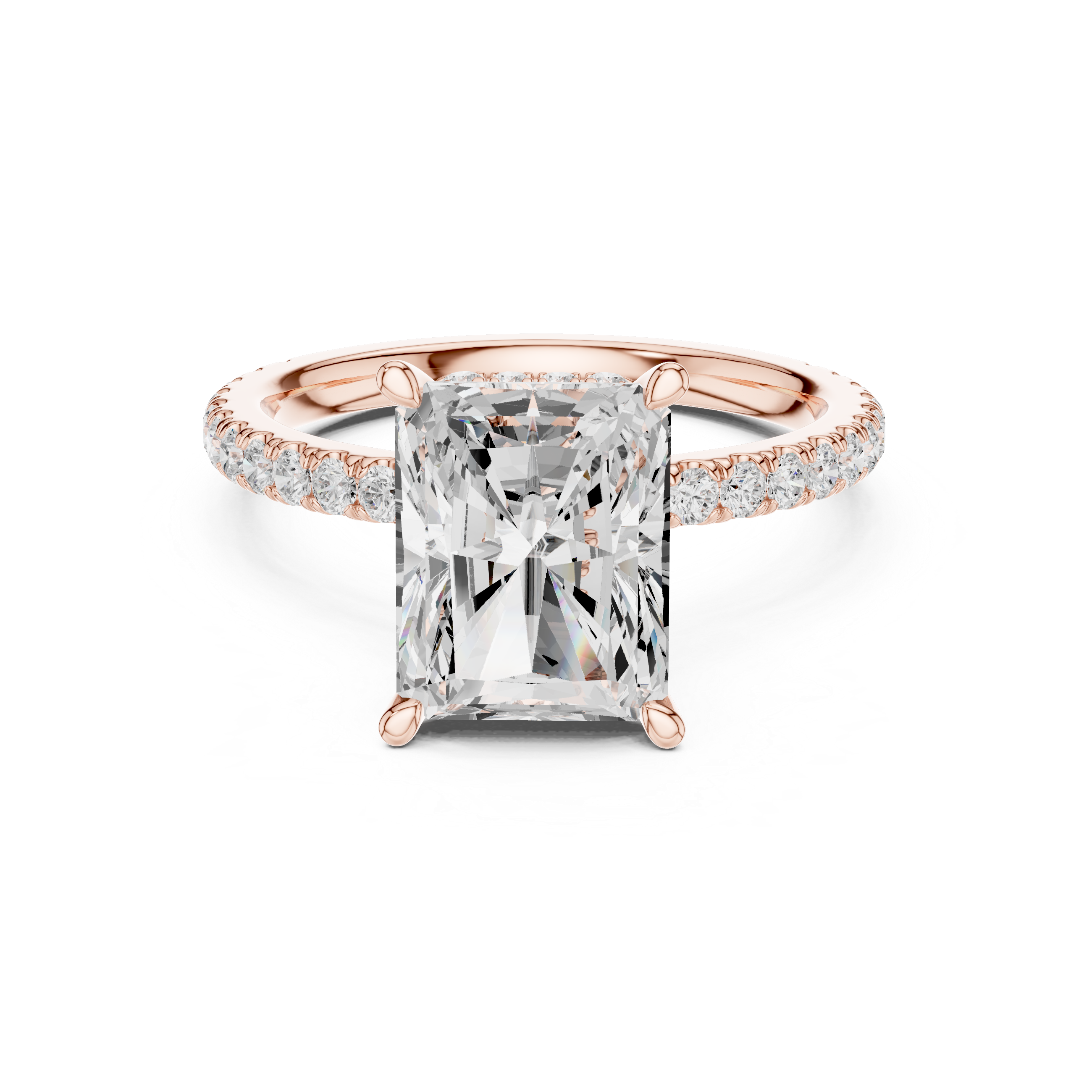 Radiant Cut Hidden Halo Engagement Ring with Pavé Diamond Band