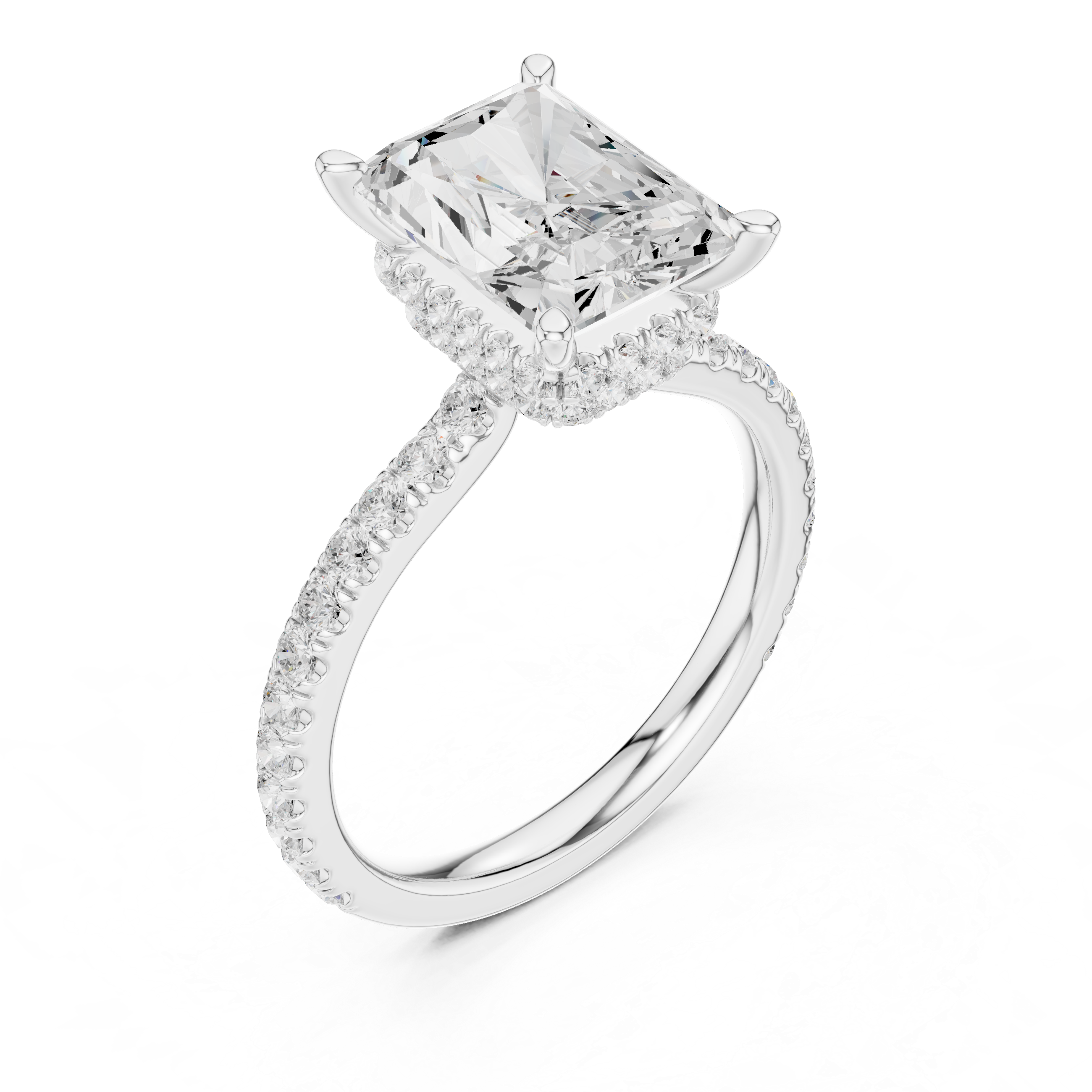 Radiant Cut Hidden Halo Engagement Ring with Pavé Diamond Band
