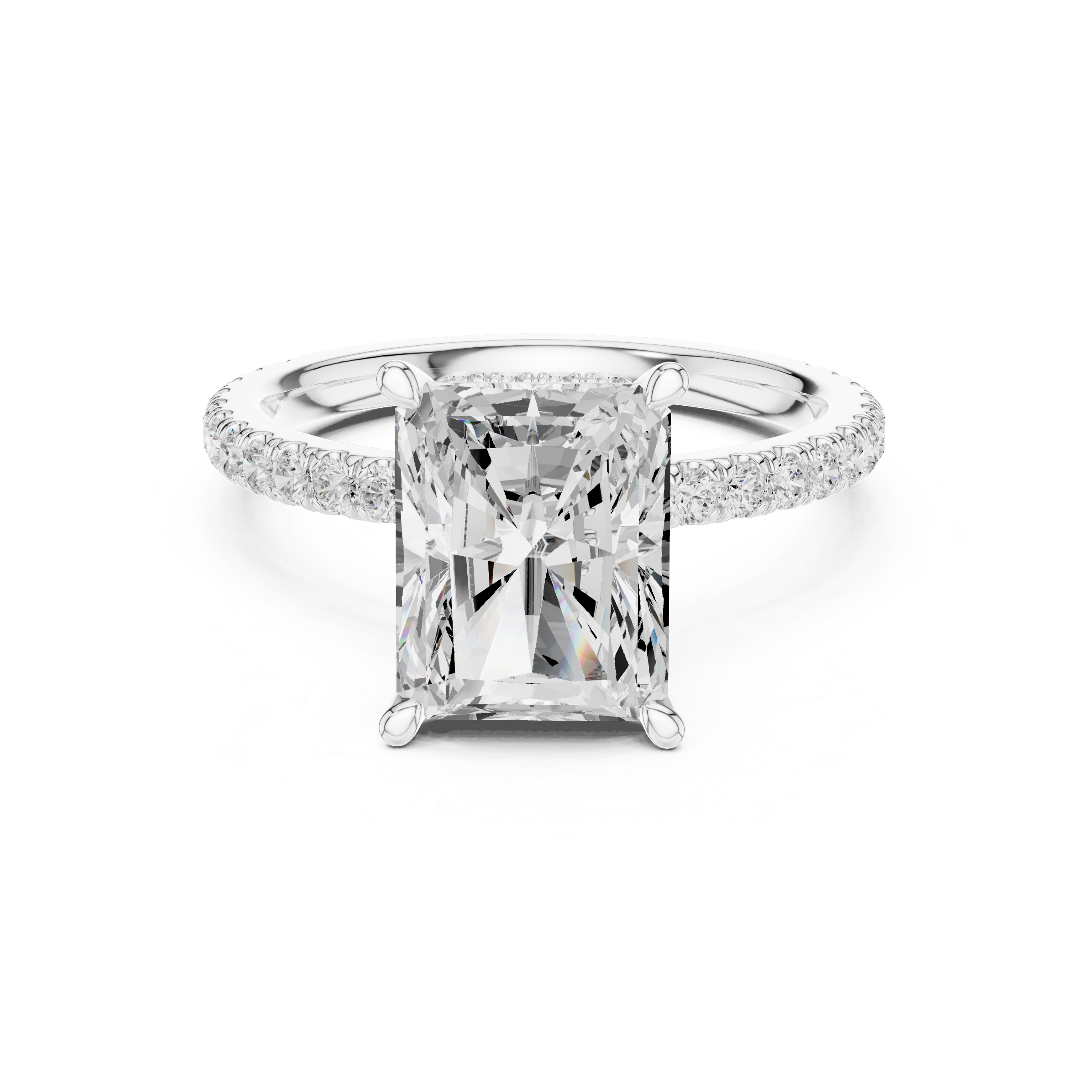 Radiant Cut Hidden Halo Engagement Ring with Pavé Diamond Band