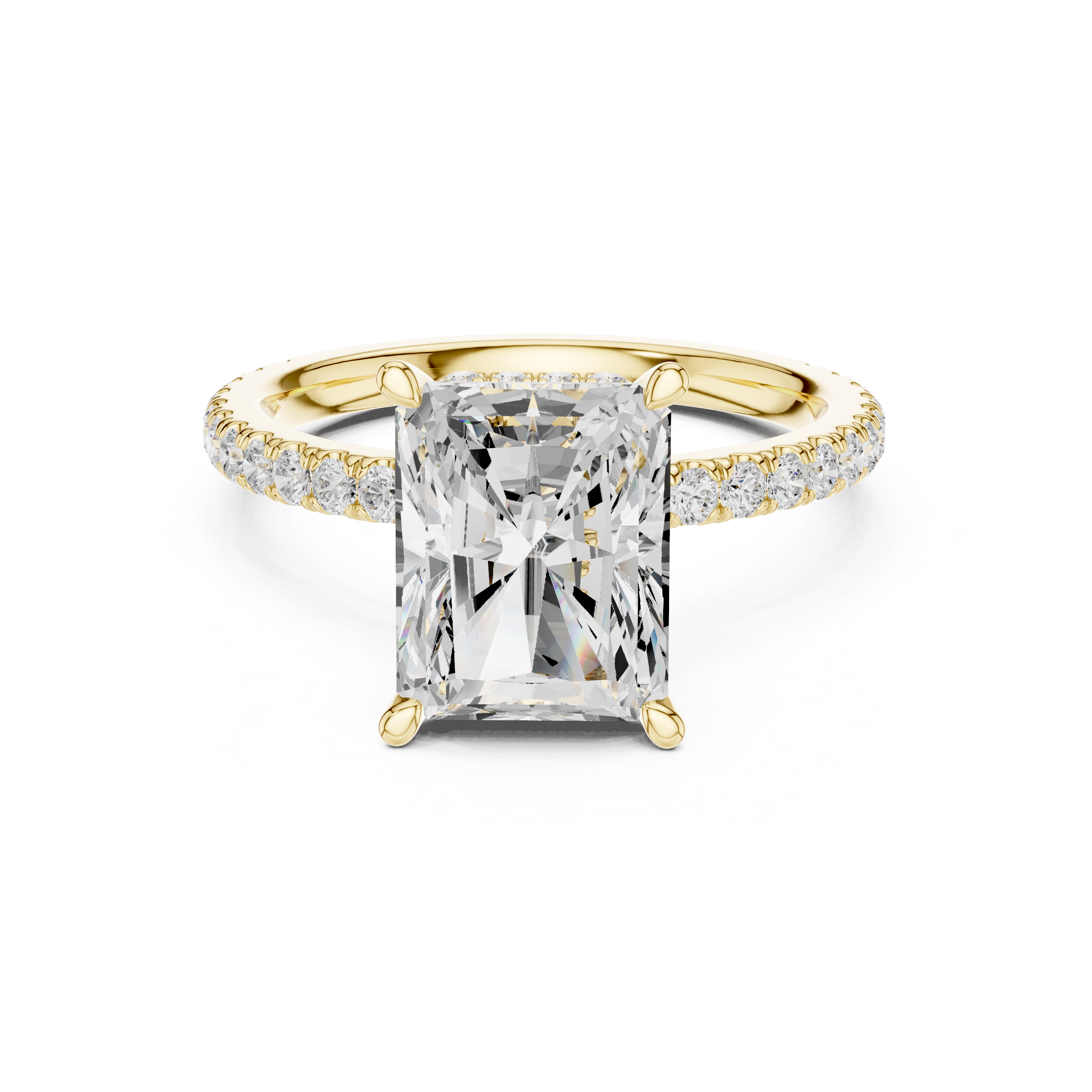 Radiant Cut Hidden Halo Engagement Ring with Pavé Diamond Band
