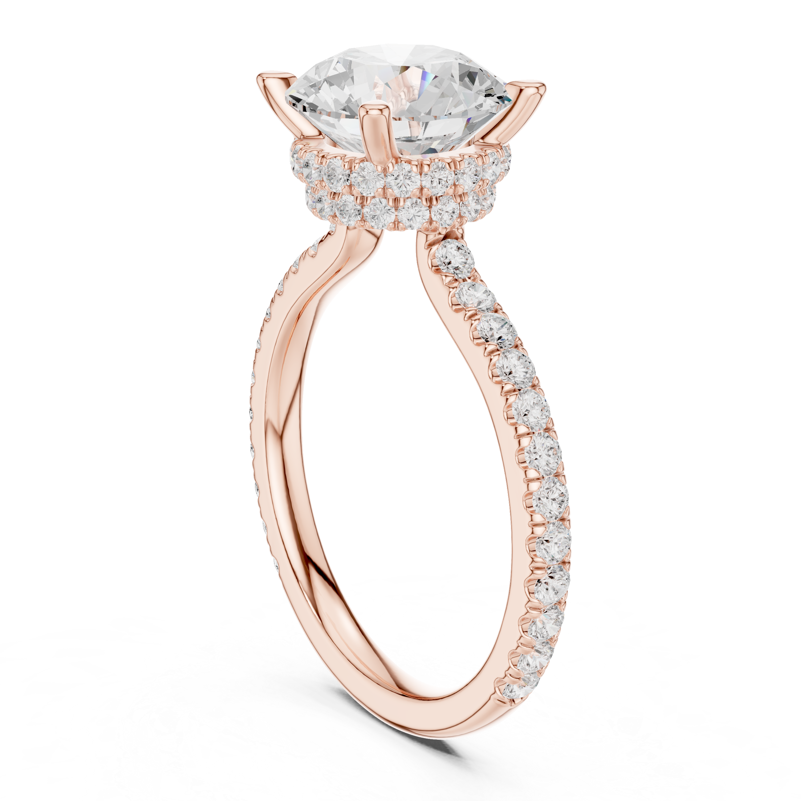 Round Brilliant Solitaire Engagement Ring with Hidden Halo and Pavé Diamond Band