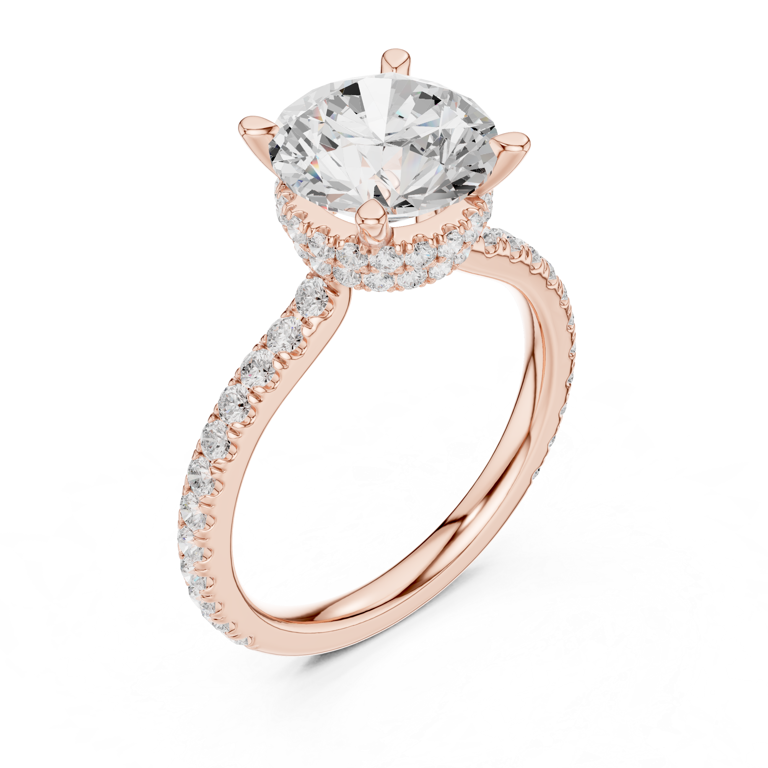Round Brilliant Solitaire Engagement Ring with Hidden Halo and Pavé Diamond Band