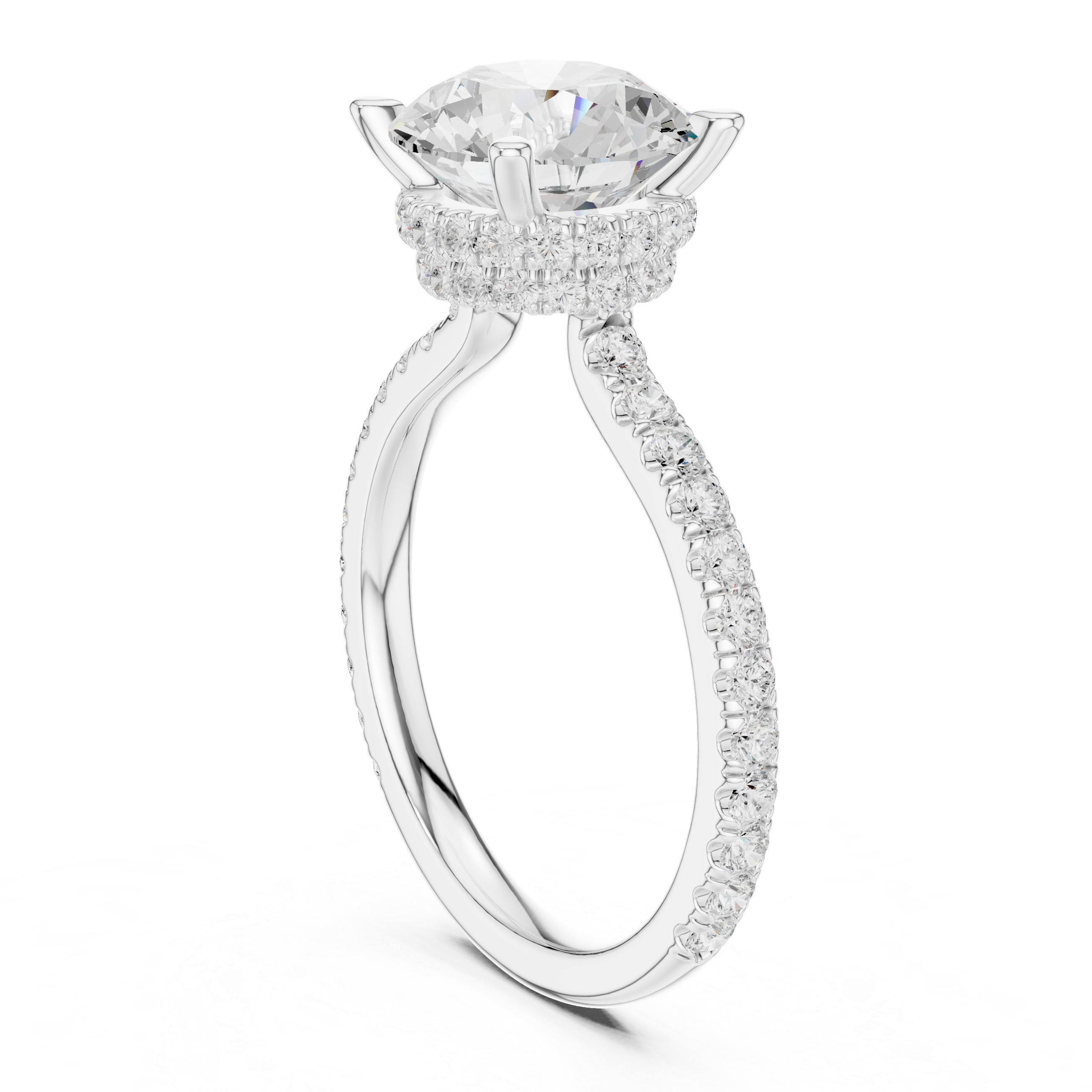 Round Brilliant Solitaire Engagement Ring with Hidden Halo and Pavé Diamond Band