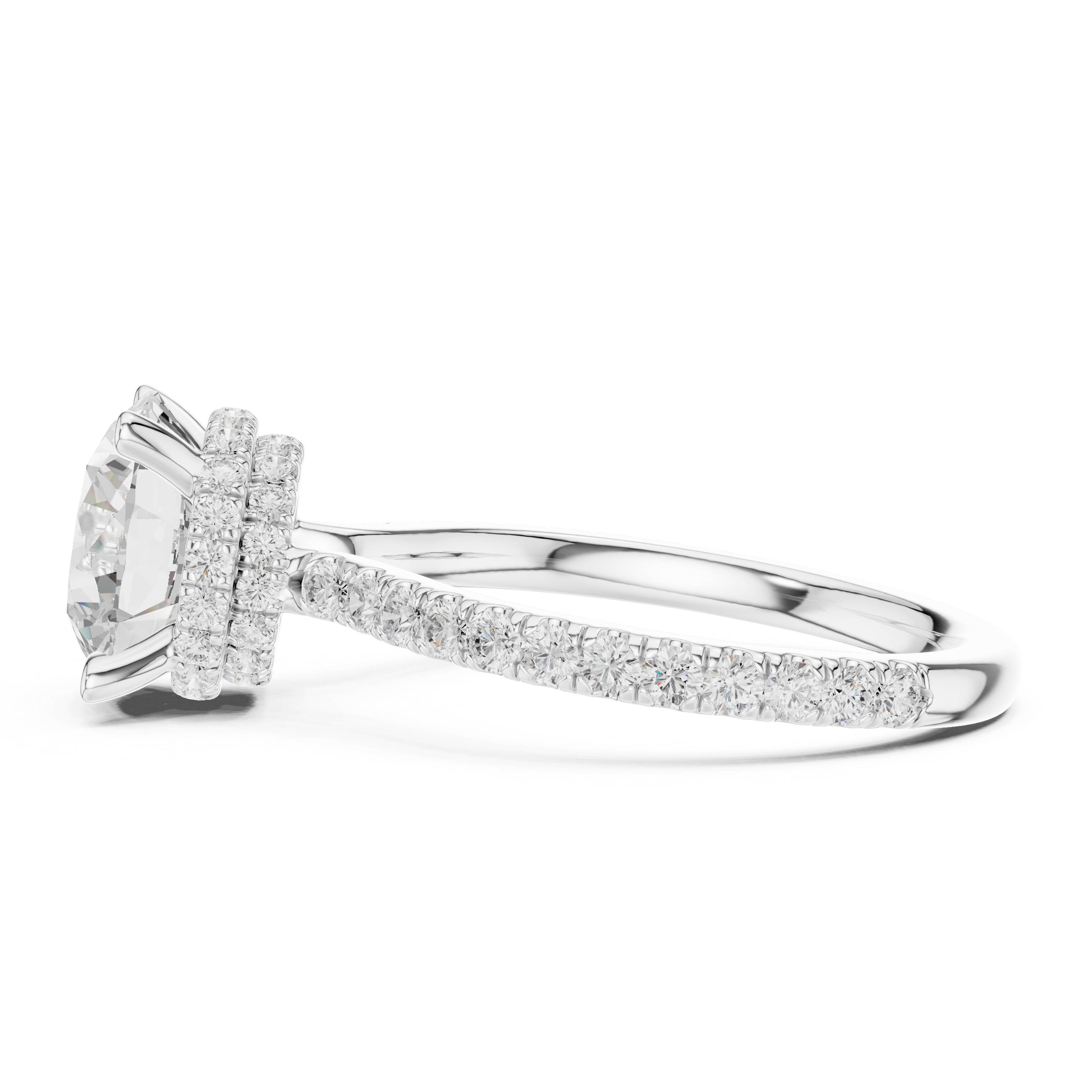 Round Brilliant Solitaire Engagement Ring with Hidden Halo and Pavé Diamond Band