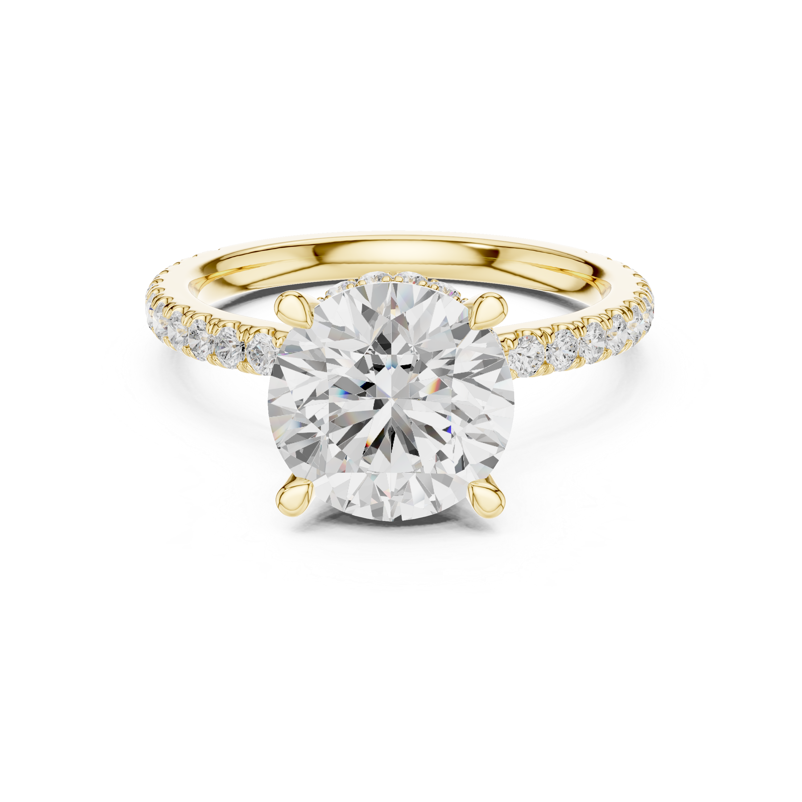 Round Brilliant Solitaire Engagement Ring with Hidden Halo and Pavé Diamond Band