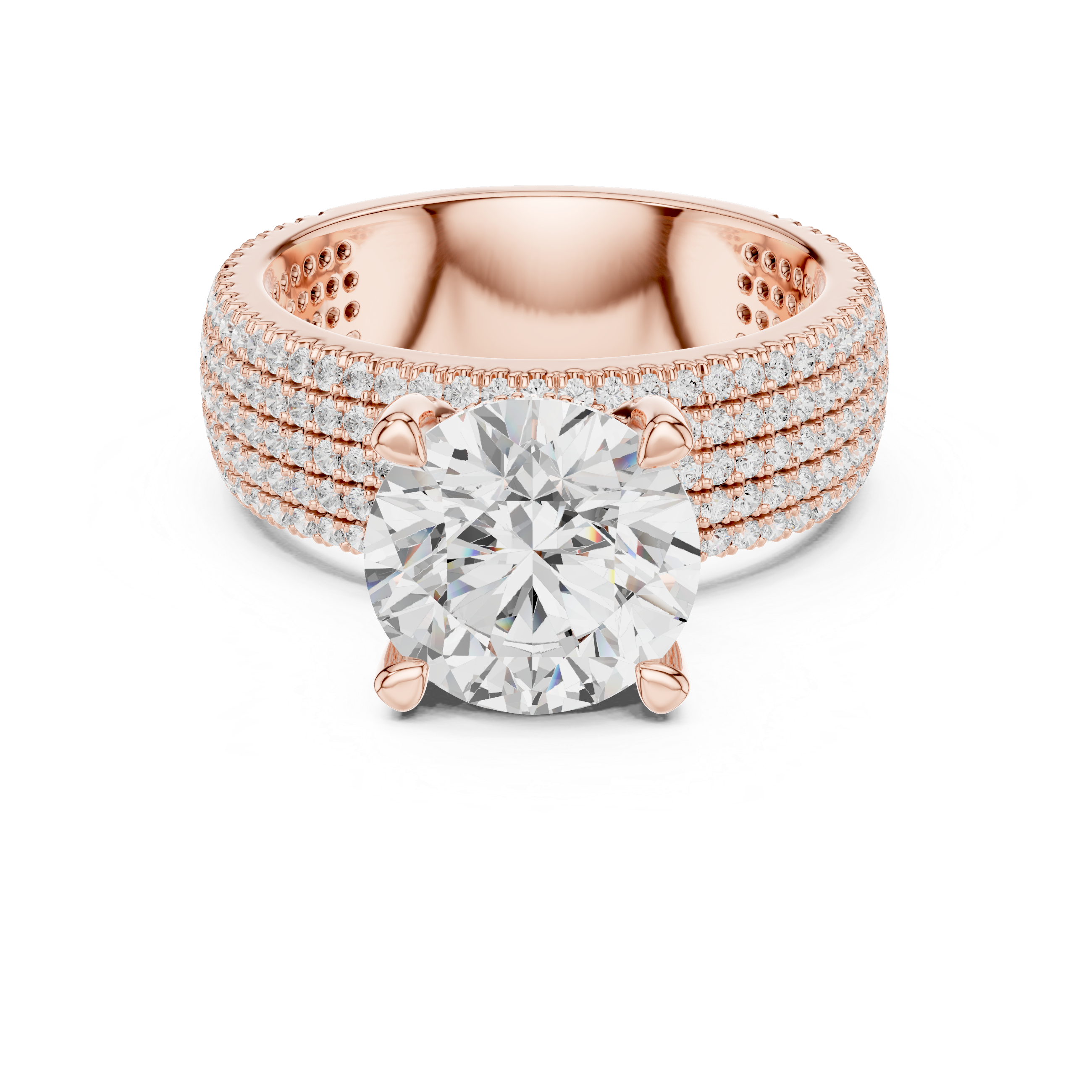 Round Brilliant Solitaire Engagement Ring with Five-Row Pavé Diamond Band