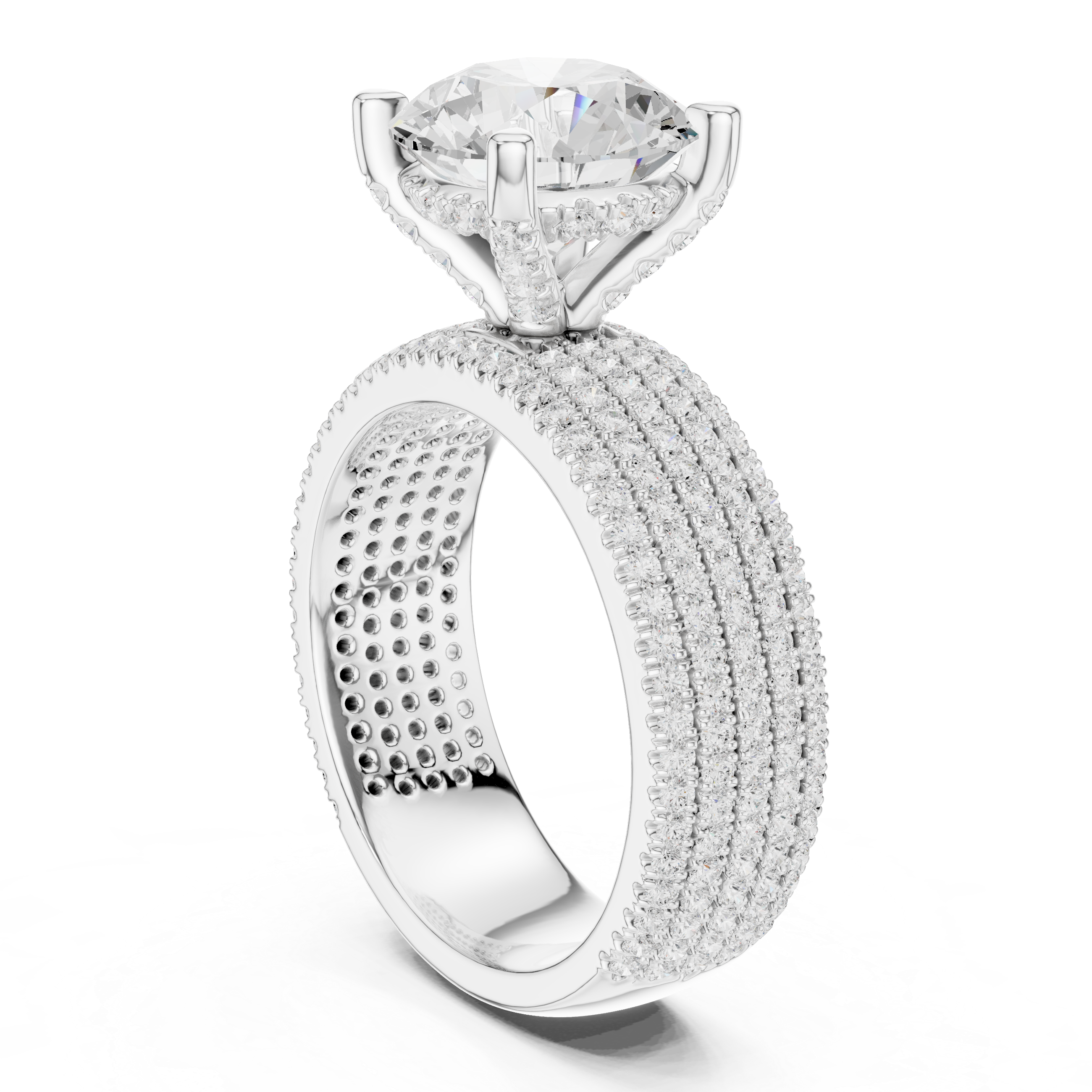 Round Brilliant Solitaire Engagement Ring with Five-Row Pavé Diamond Band