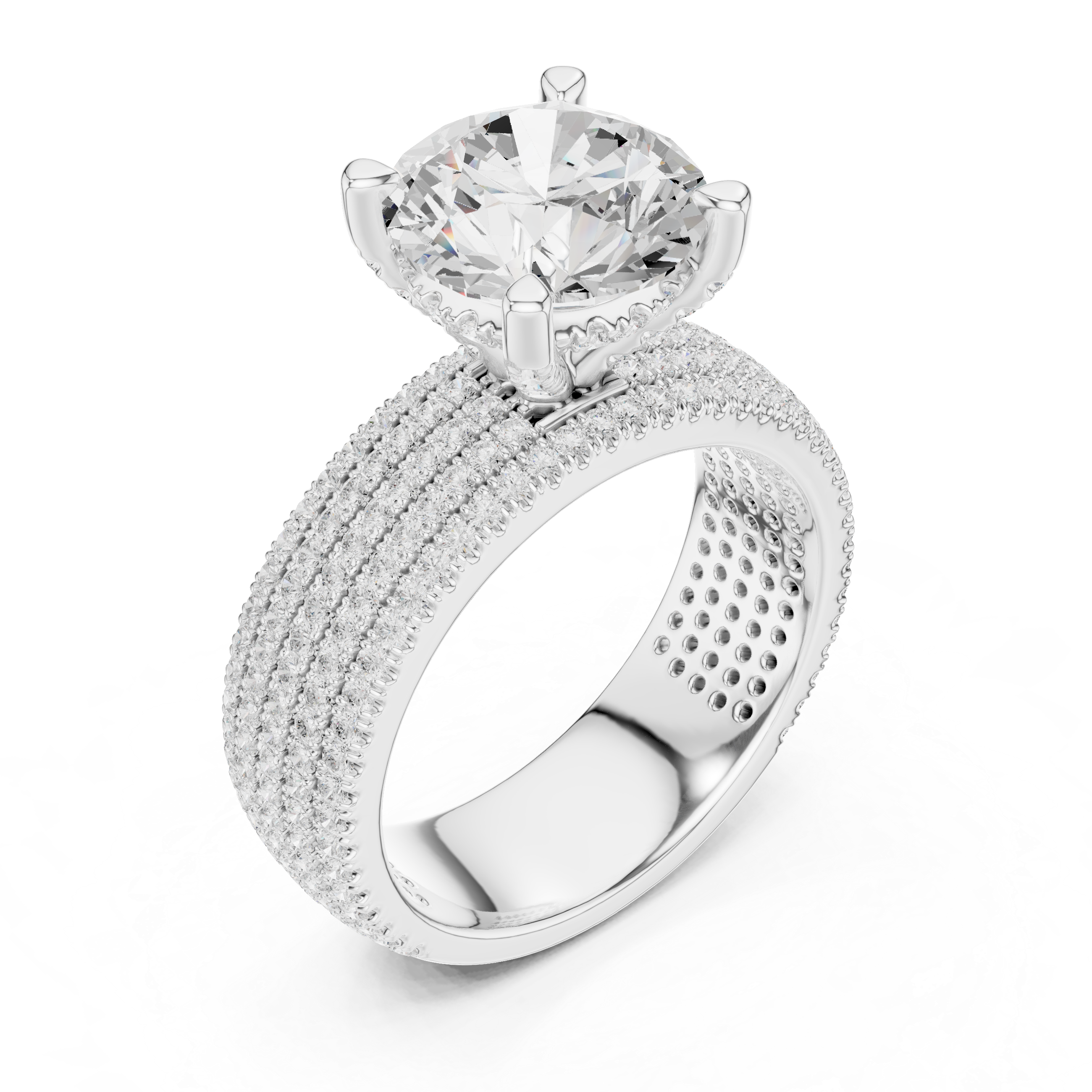 Round Brilliant Solitaire Engagement Ring with Five-Row Pavé Diamond Band