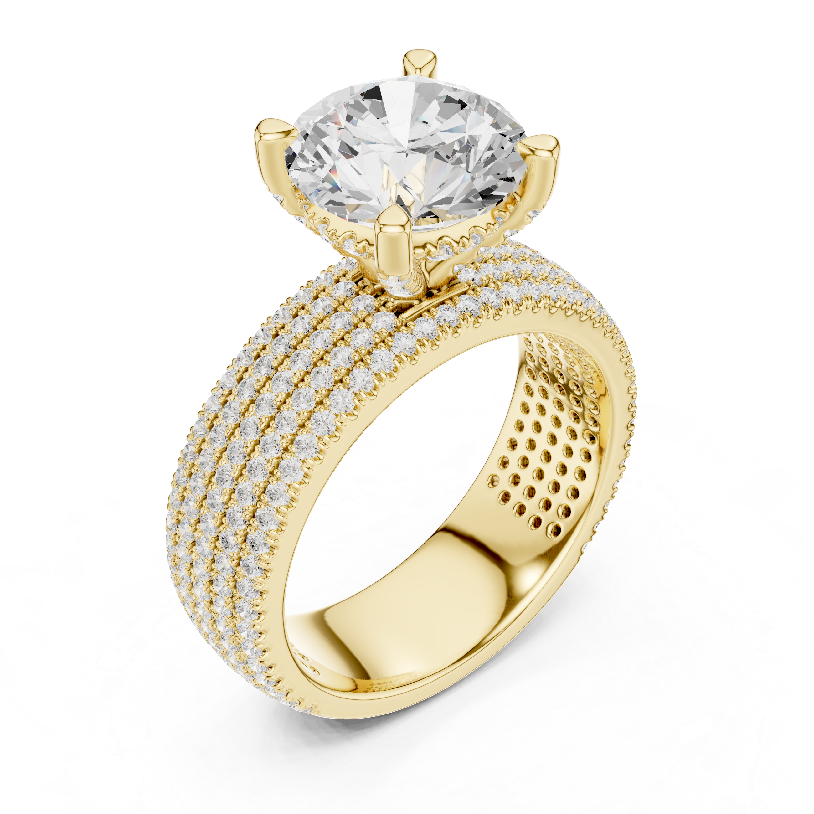 Round Brilliant Solitaire Engagement Ring with Five-Row Pavé Diamond Band