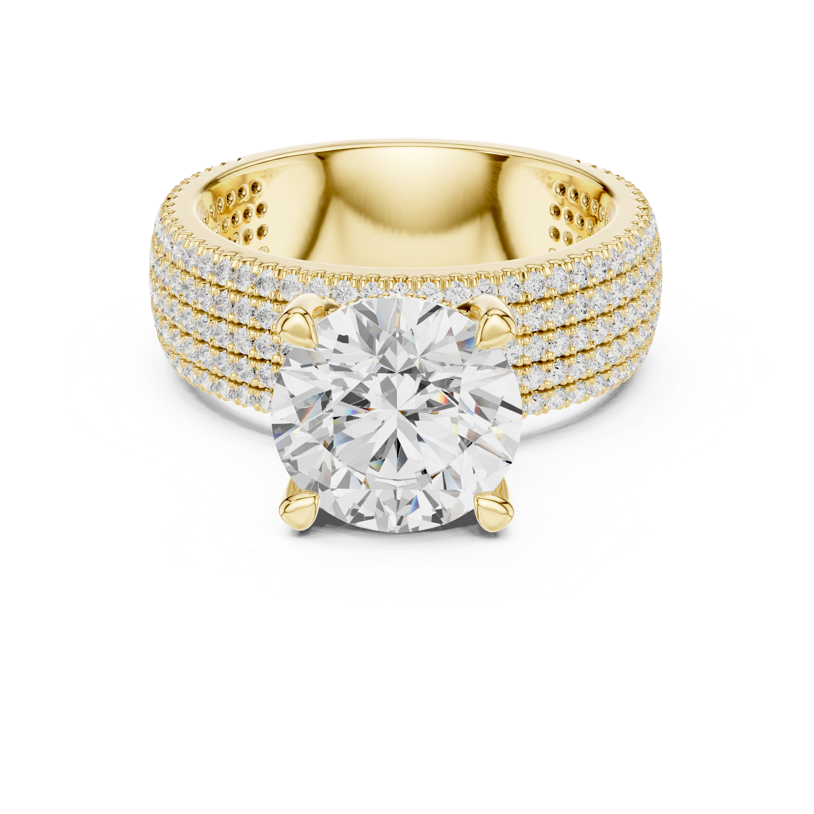 Round Brilliant Solitaire Engagement Ring with Five-Row Pavé Diamond Band