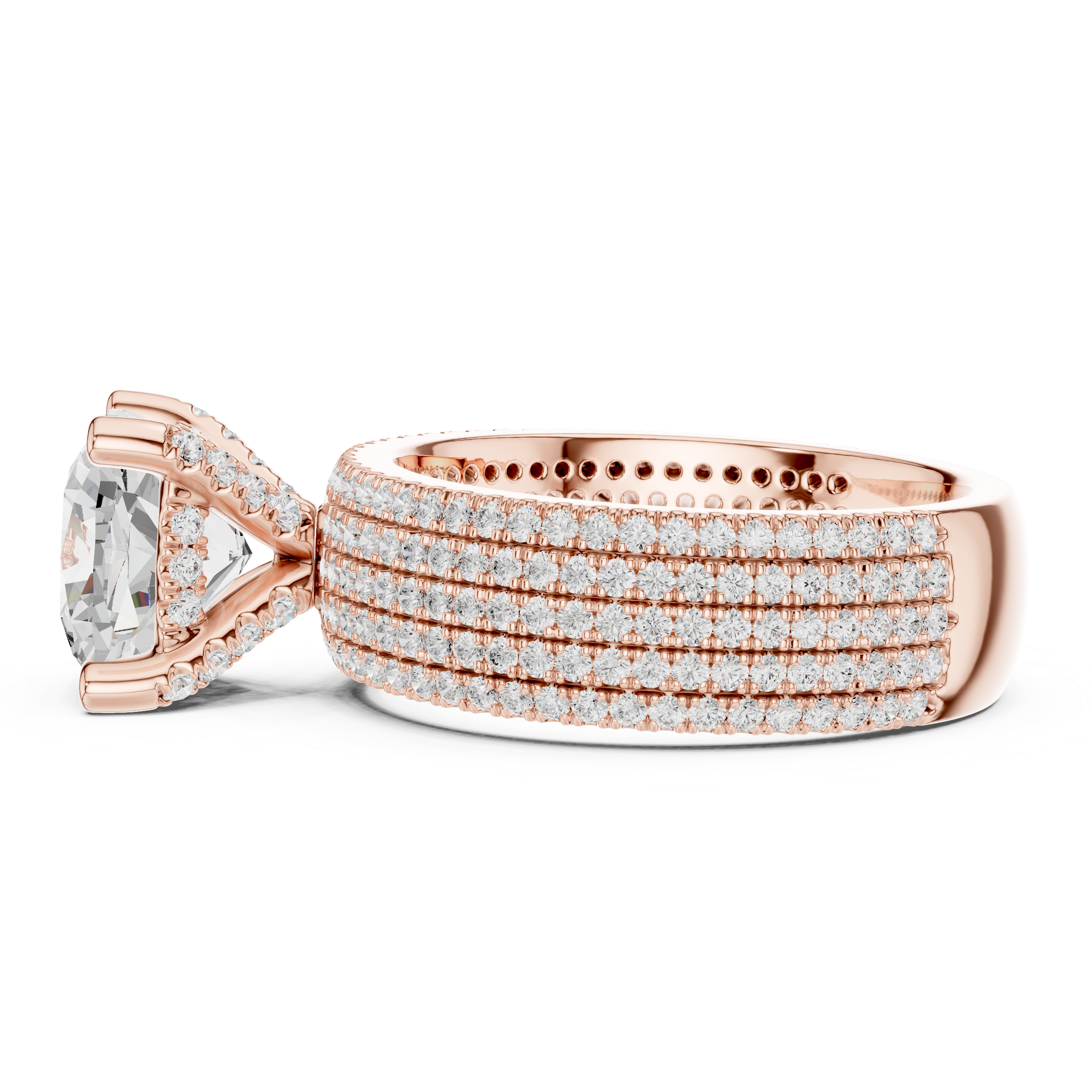 Luxury Cushion Cut Engagement Ring with Five-Row Pavé Diamond Band