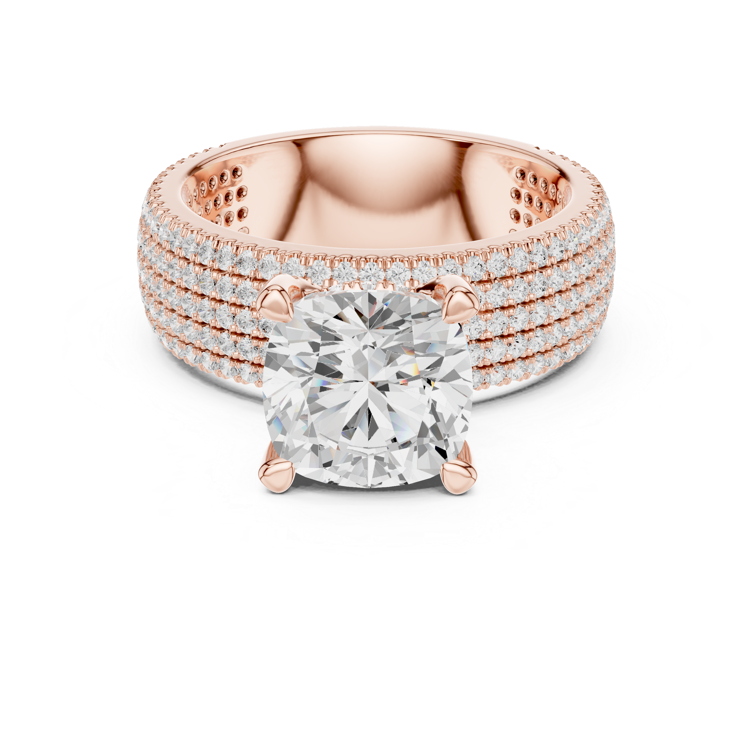 Luxury Cushion Cut Engagement Ring with Five-Row Pavé Diamond Band