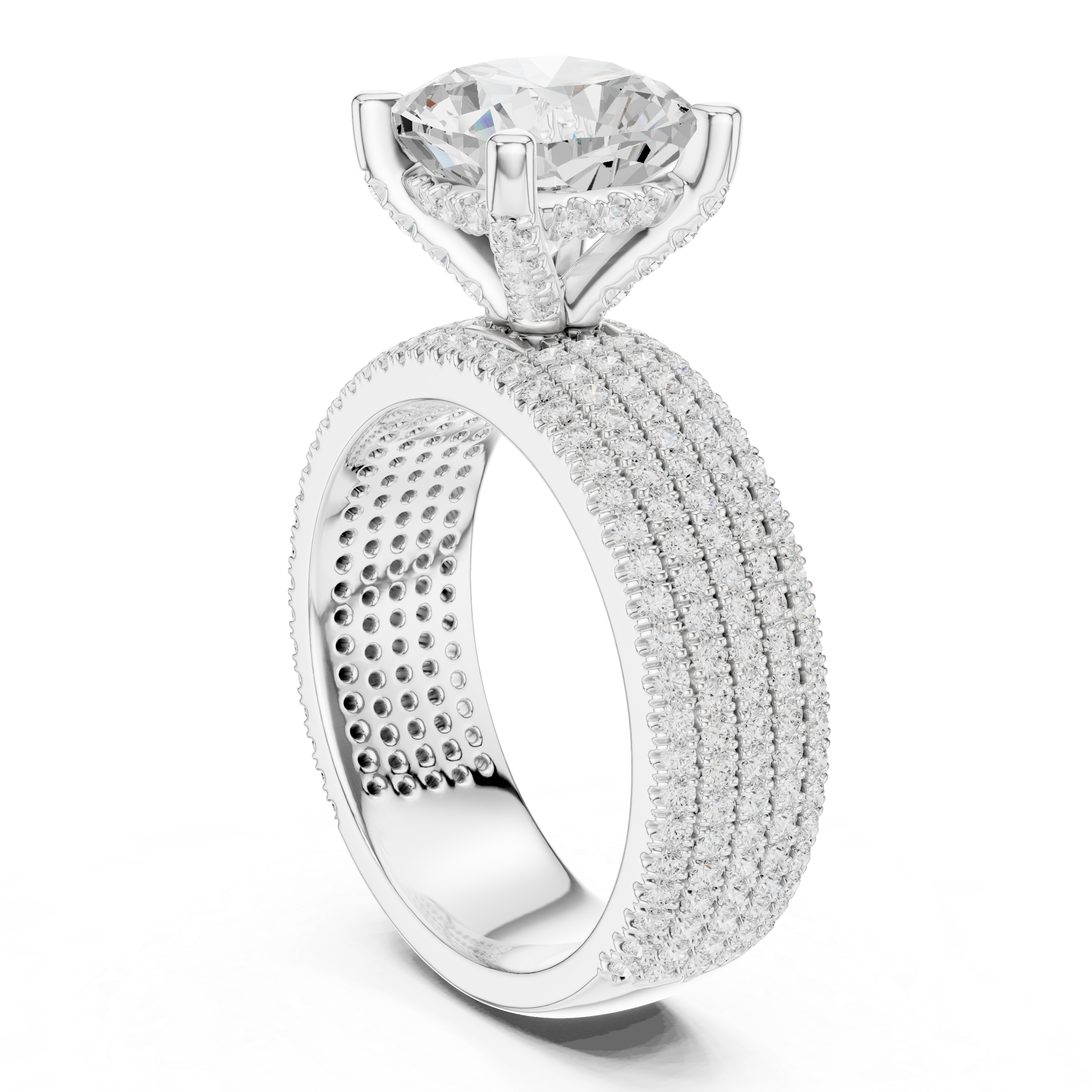 Luxury Cushion Cut Engagement Ring with Five-Row Pavé Diamond Band