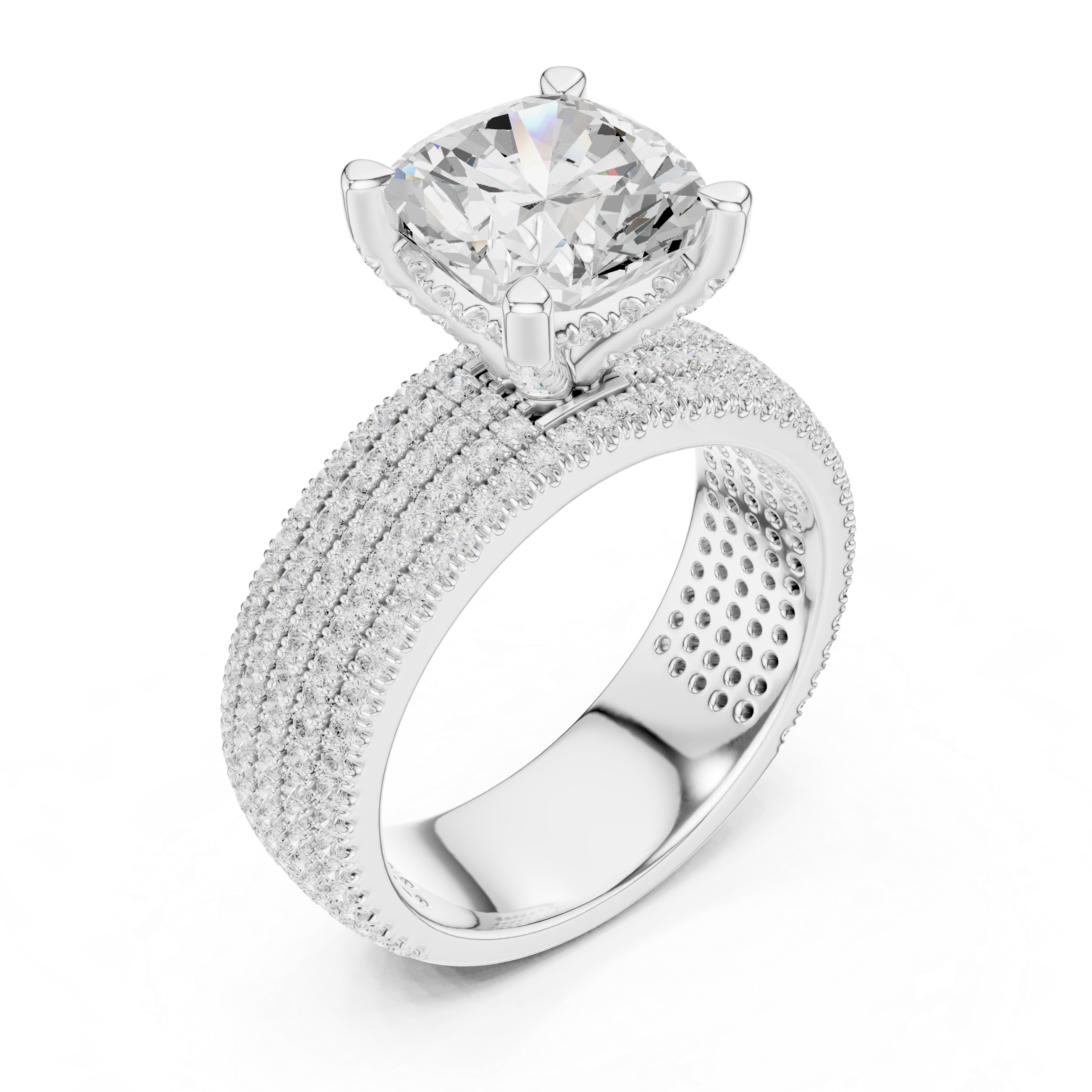 Luxury Cushion Cut Engagement Ring with Five-Row Pavé Diamond Band