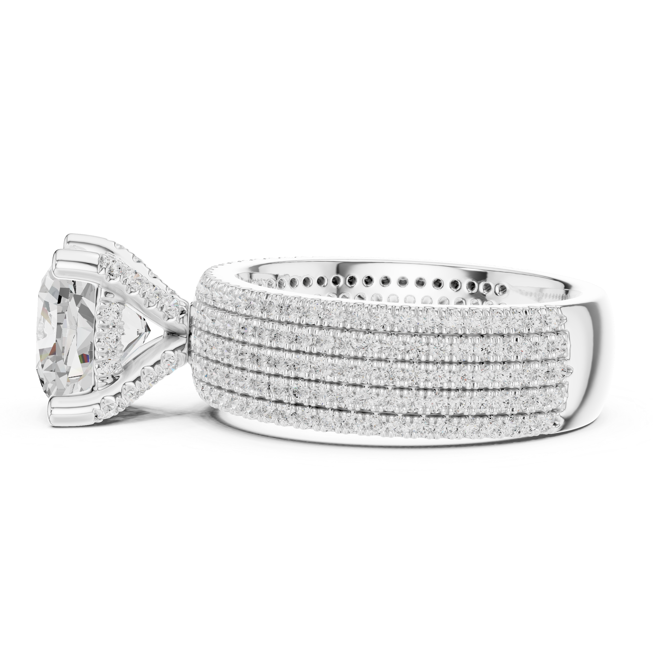 Luxury Cushion Cut Engagement Ring with Five-Row Pavé Diamond Band