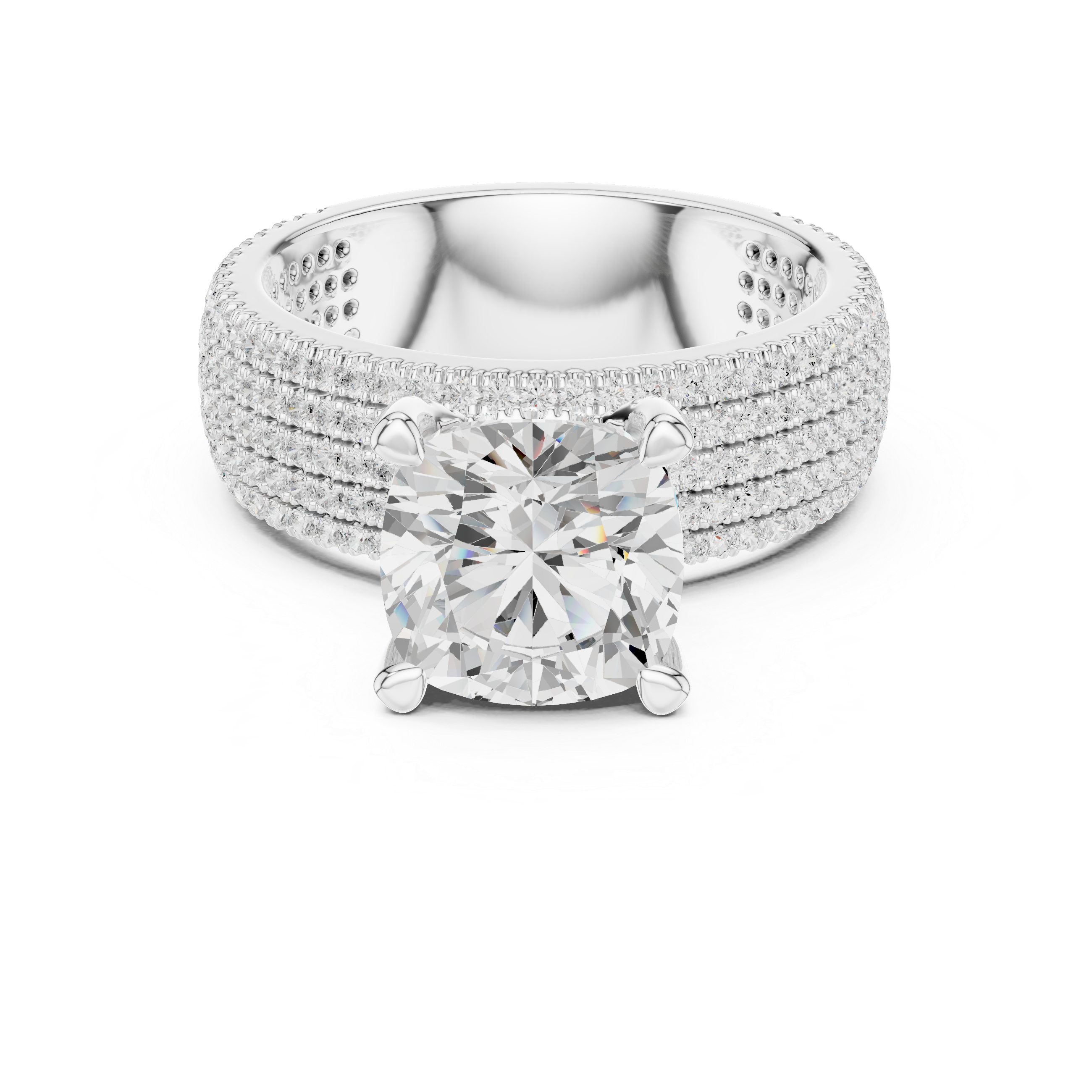 Luxury Cushion Cut Engagement Ring with Five-Row Pavé Diamond Band