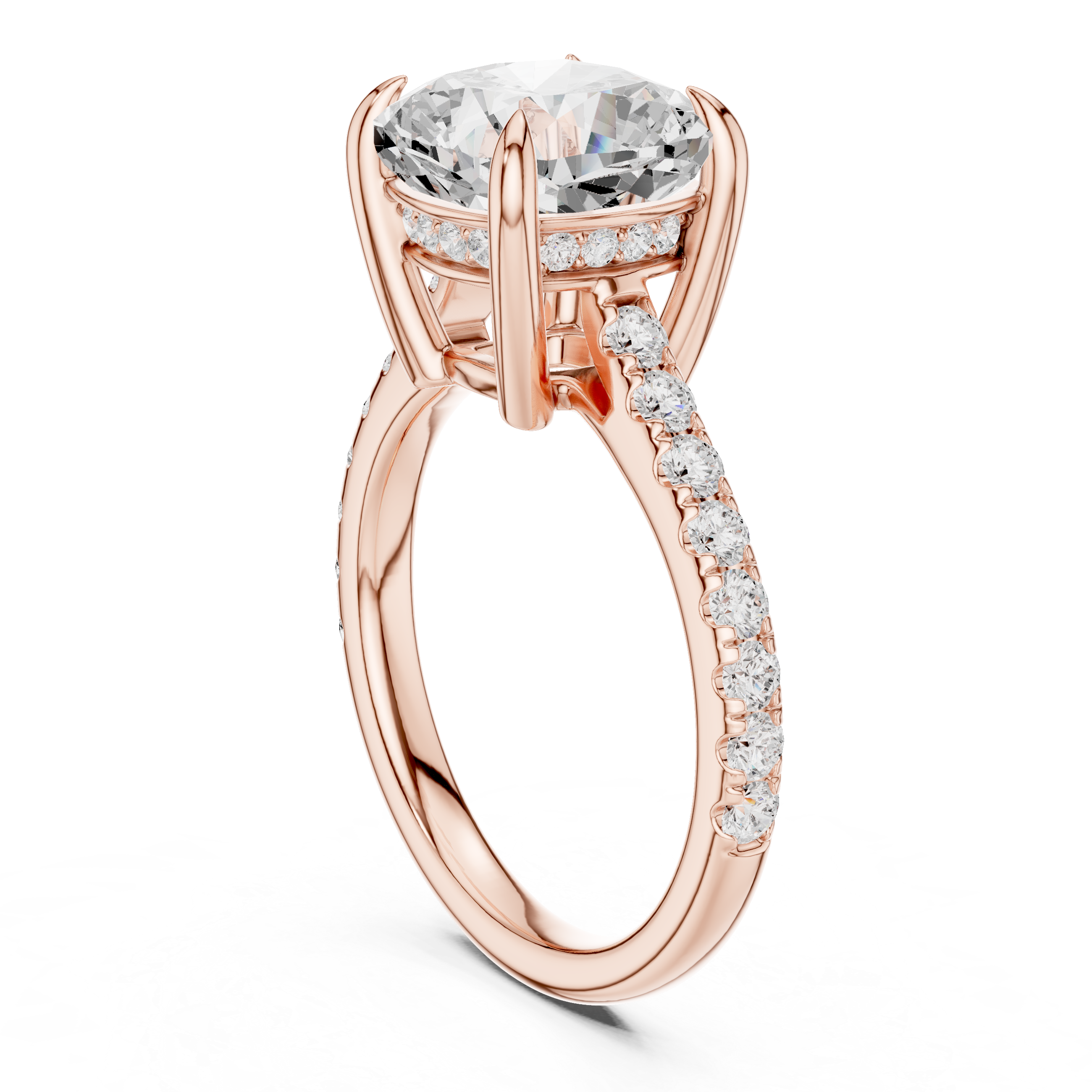 Cushion Cut Hidden Halo Engagement Ring with Pavé Diamond Band