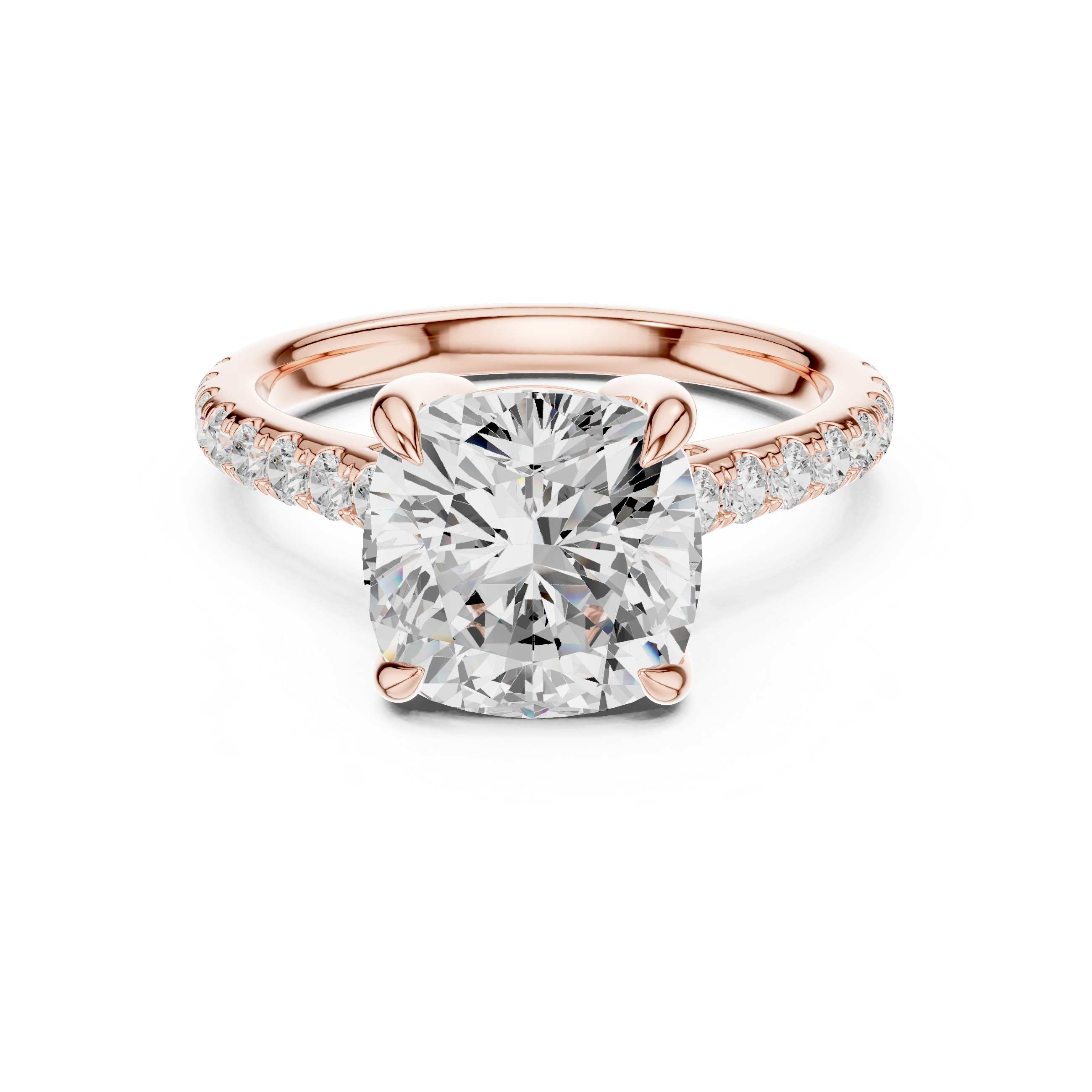 Cushion Cut Hidden Halo Engagement Ring with Pavé Diamond Band