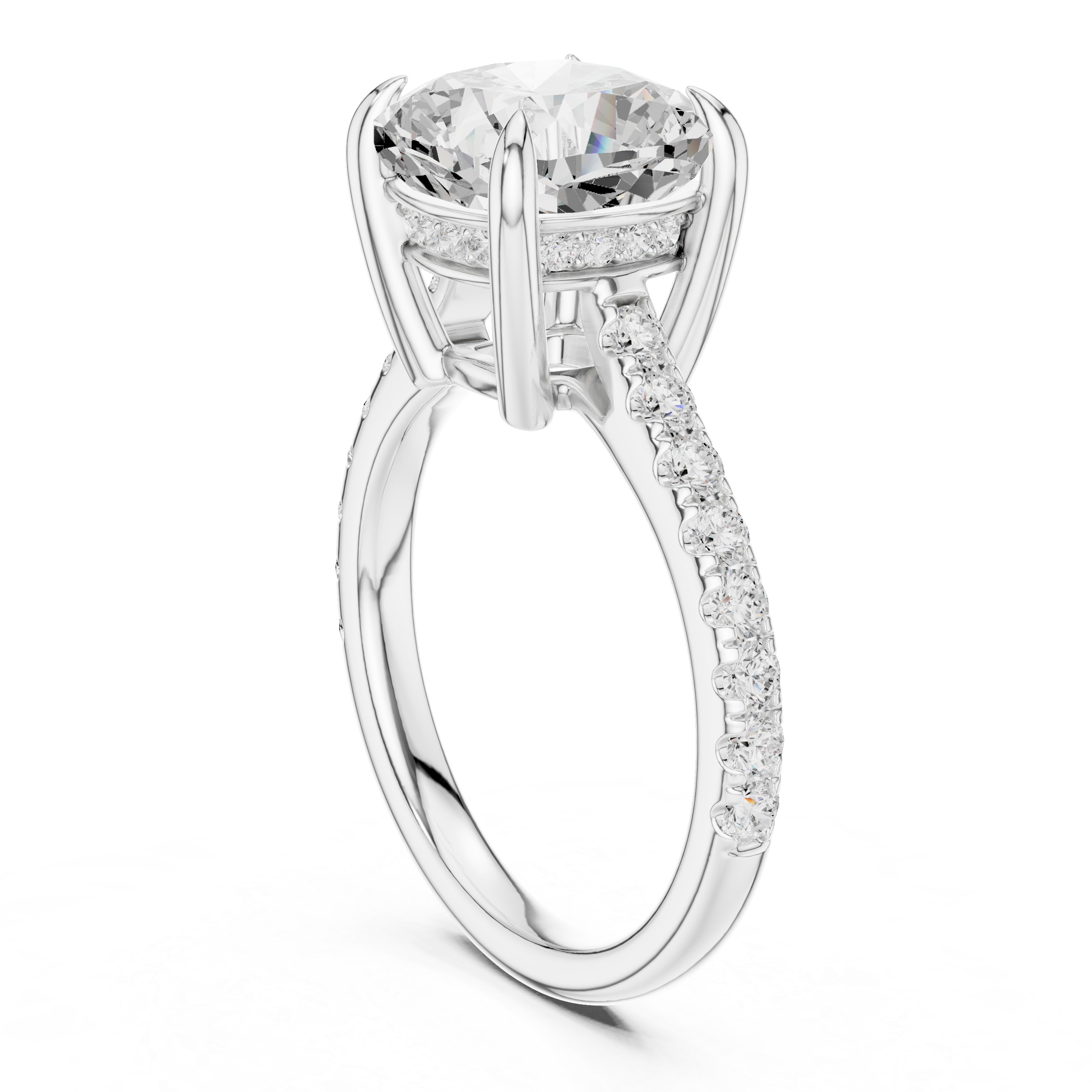 Cushion Cut Hidden Halo Engagement Ring with Pavé Diamond Band