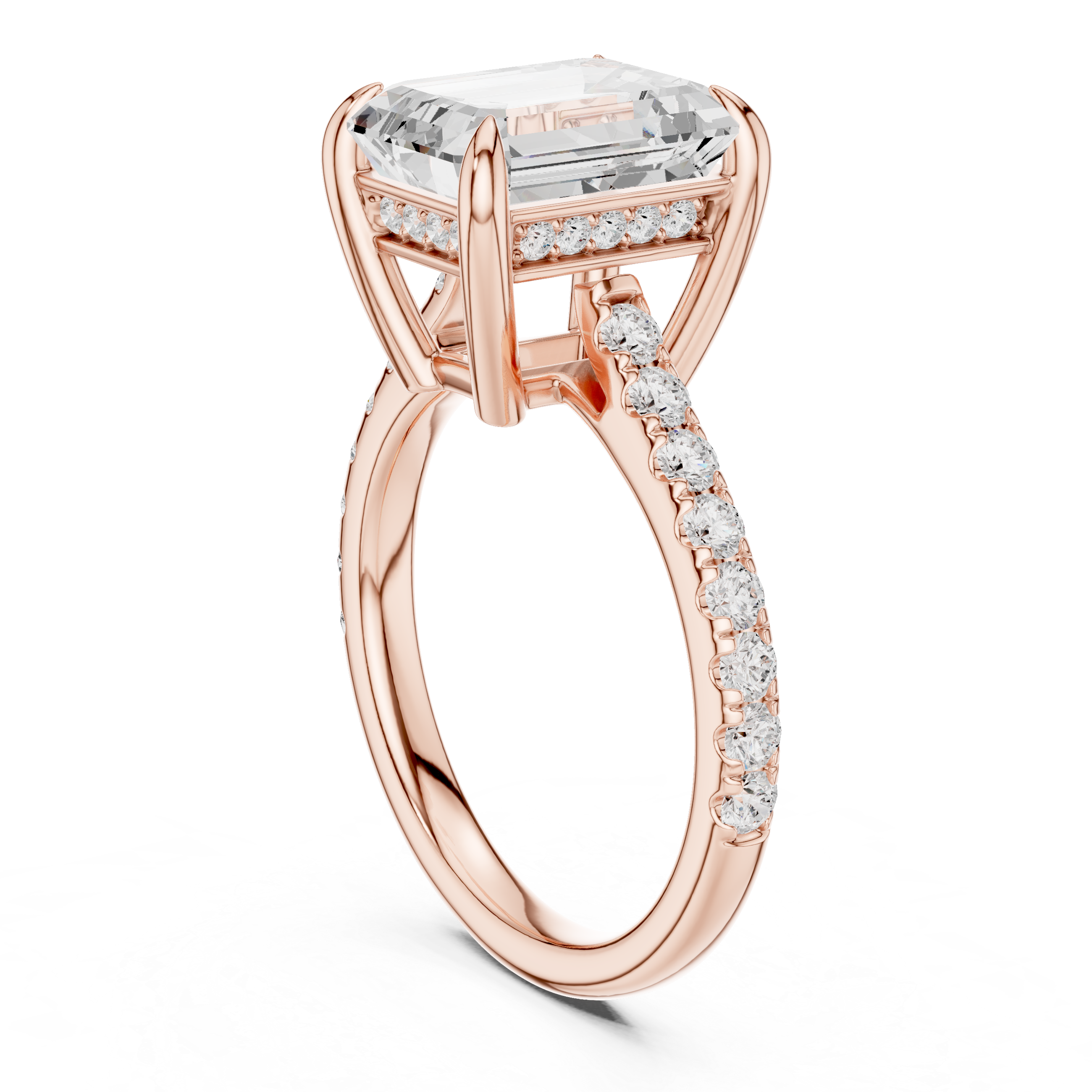 Emerald Cut Hidden Halo Engagement Ring with Pavé Diamond Band
